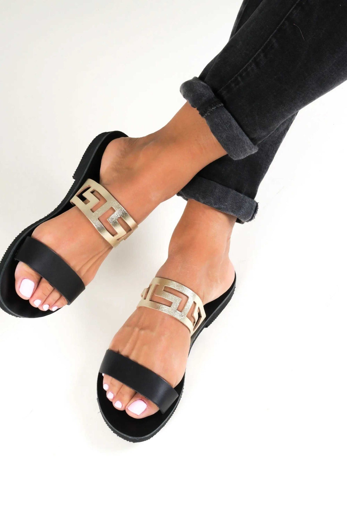 KNOSSOS Handmade Greek Sandals in black leather with gold Greek key straps and open-toe design
