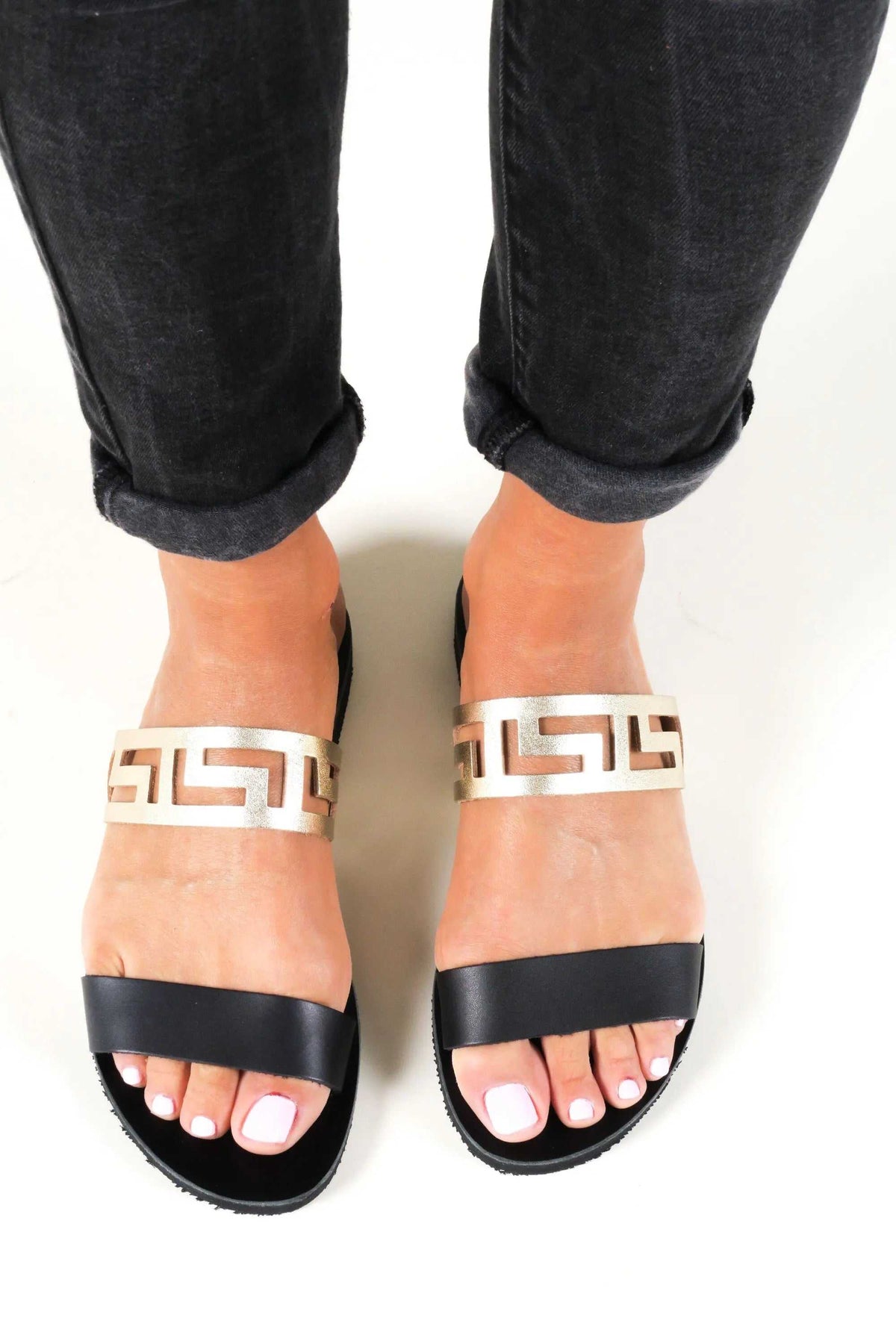 KNOSSOS Handmade Greek Sandals in black leather with metallic Greek key straps and open toes