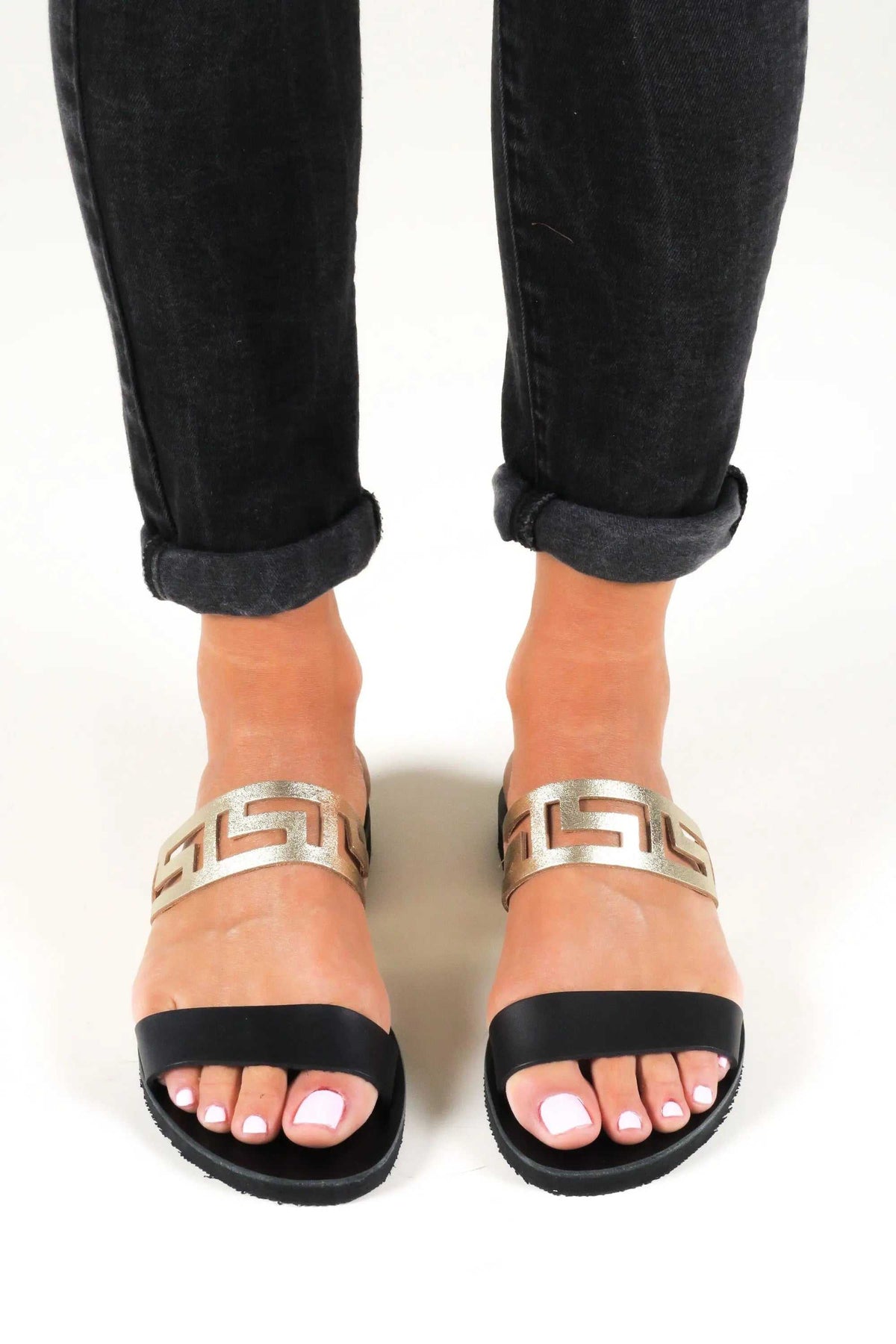 KNOSSOS Handmade Greek Sandals in black leather with silver meander-pattern straps and open toes
