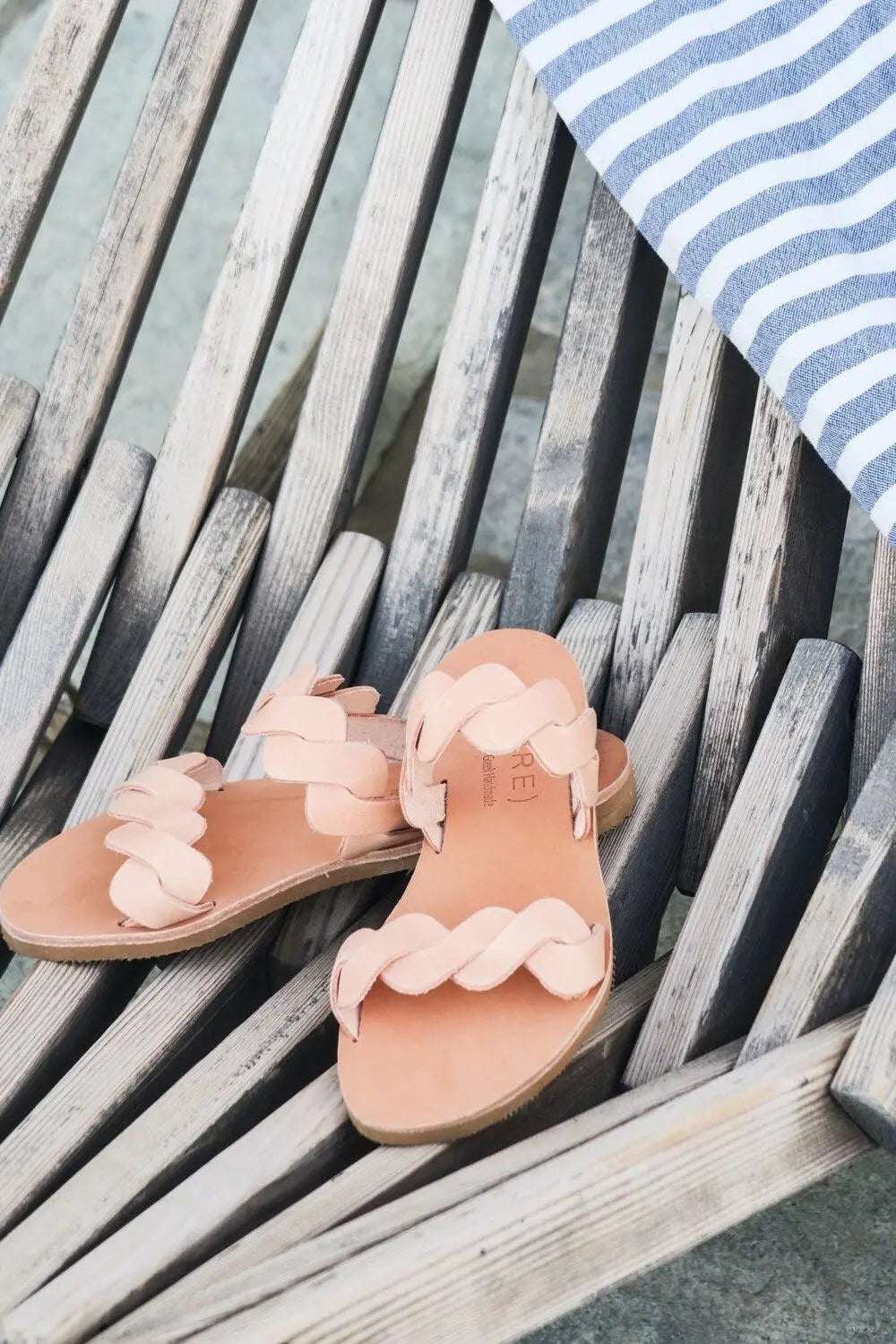 KYMA Handmade Greek Sandals in blush pink leather with braided straps and flat soles