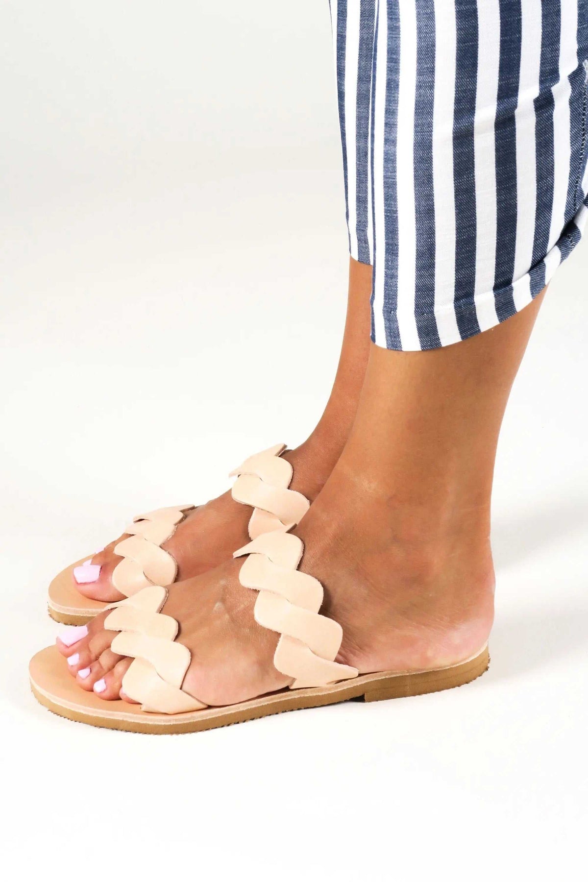 KYMA Handmade Greek Sandals in natural leather with layered strap details and flat rubber outsole