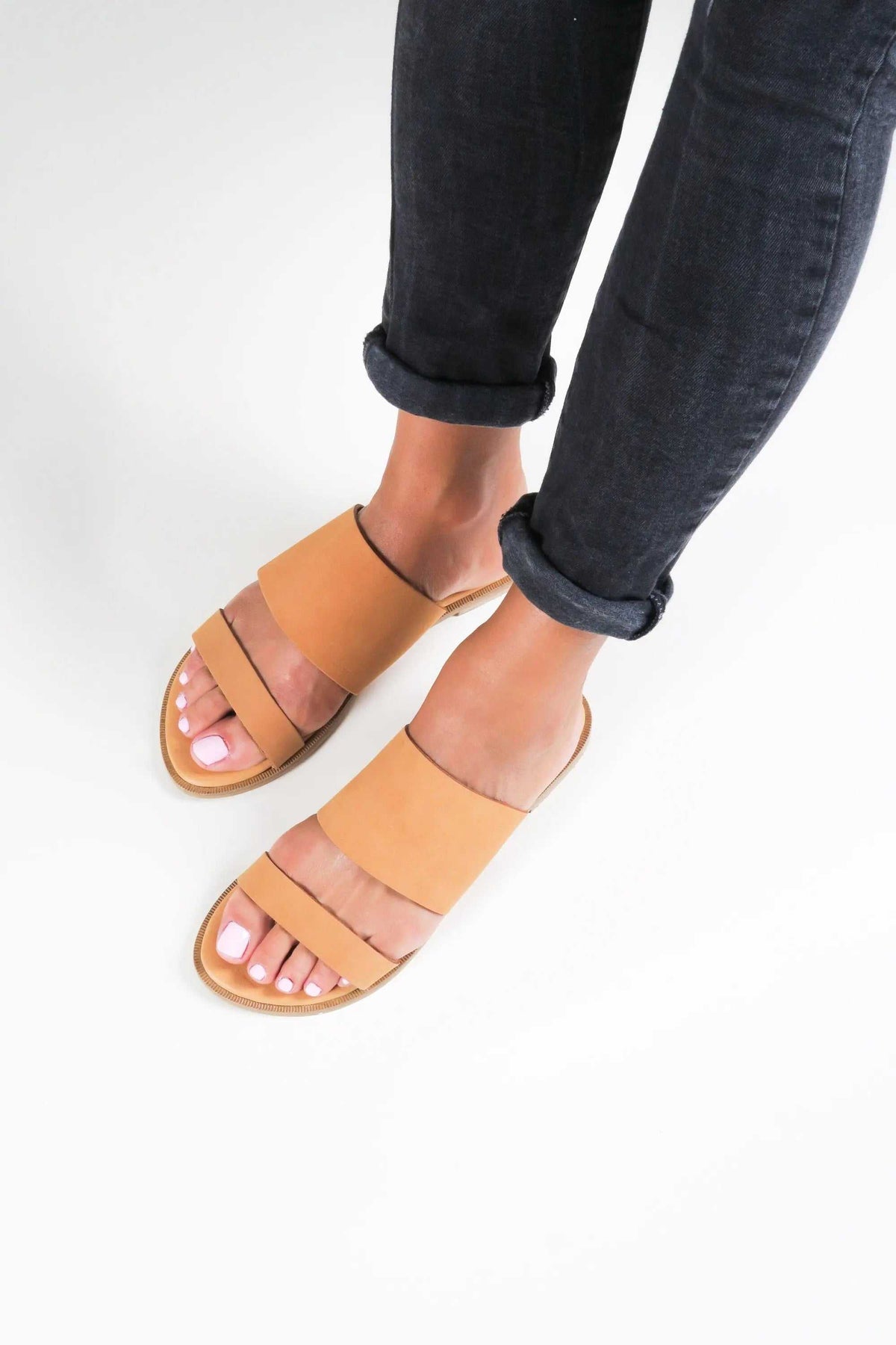 KYTHIRA Handmade Greek Sandals in tan leather with open toes, a broad front strap and slim ankle strap