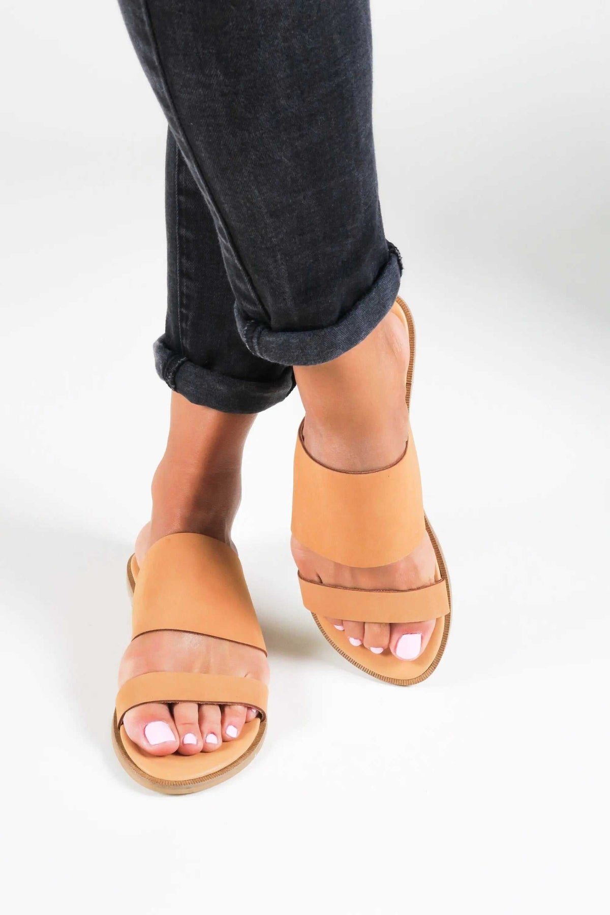 KYTHIRA Handmade Greek Sandals in tan leather with broad straps, open toes and flat soles