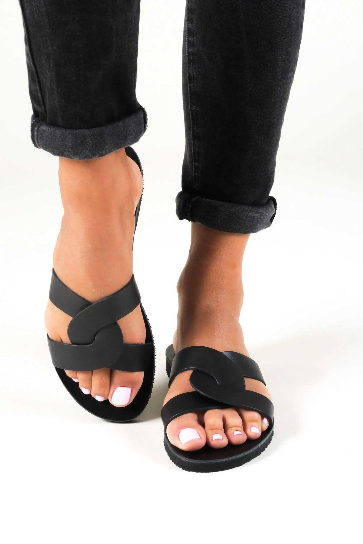 MYRINA Handmade Greek Sandals in black leather with wide crisscross straps and an open-toe design