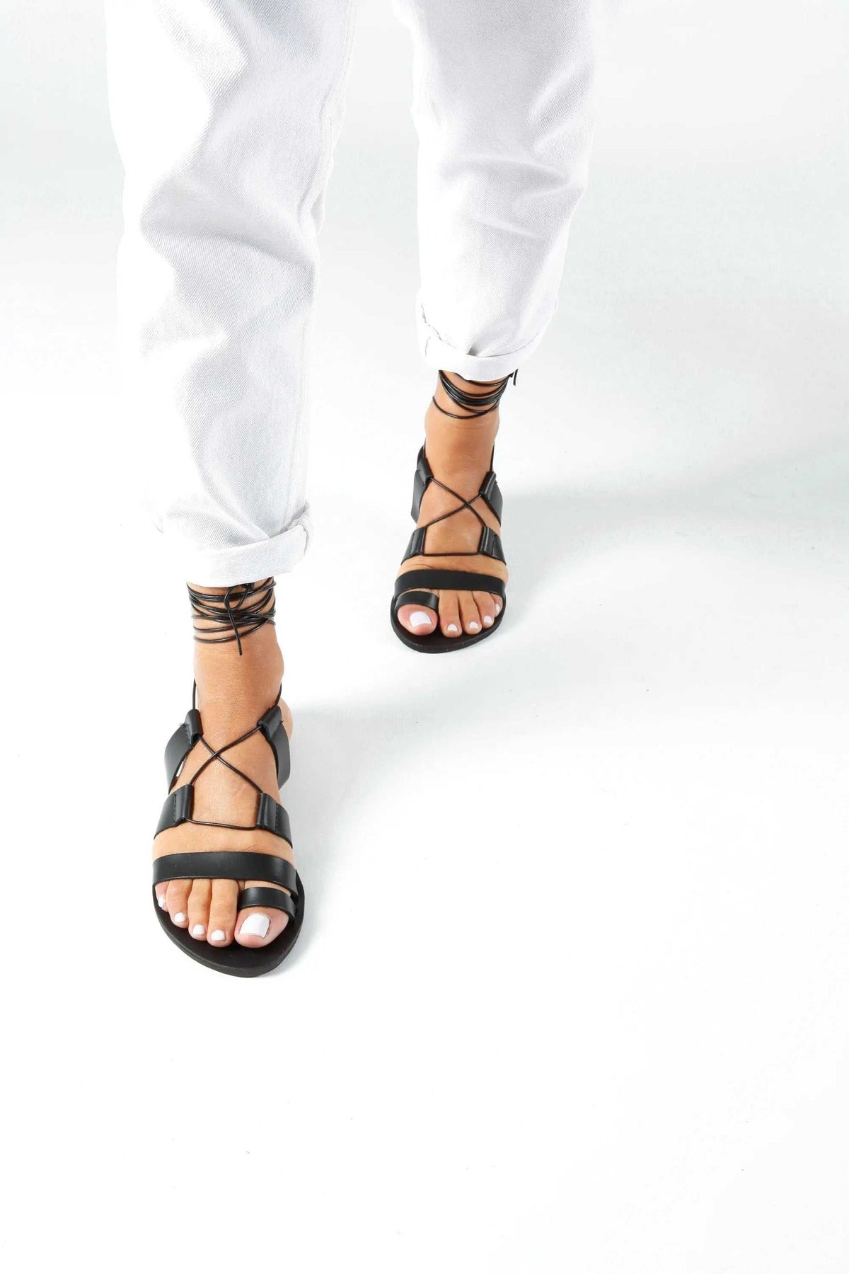 NEFELI Handmade Greek Sandals, black leather gladiator sandals with crisscross straps and rope ankle ties