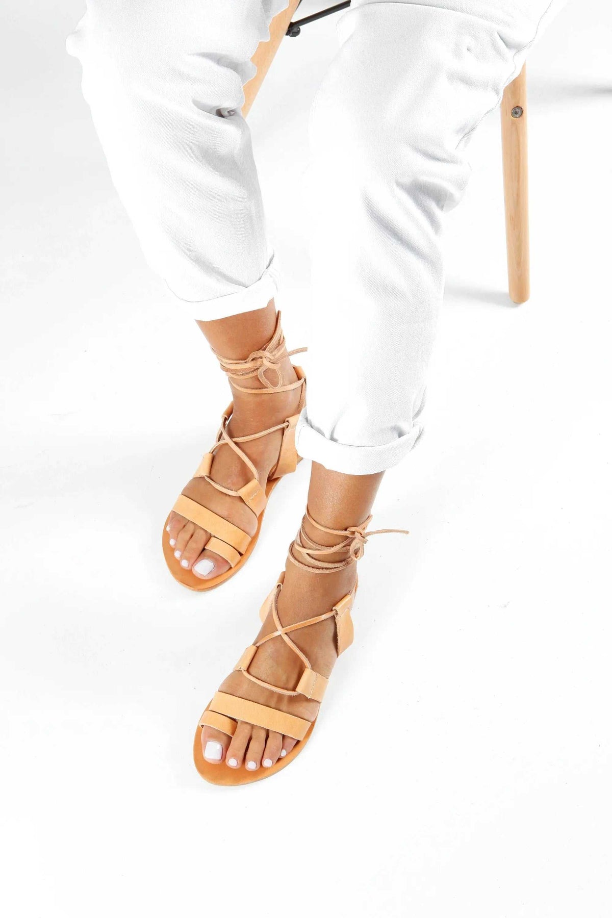 NEFELI Handmade Greek Sandals in natural tan leather with gladiator straps, rope ties and rubber soles