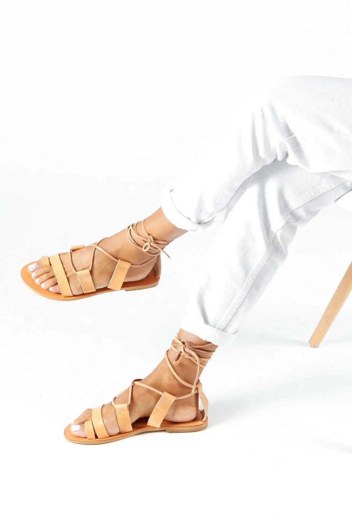 NEFELI Handmade Greek Sandals in tan leather with gladiator straps, rope lacing and open toes