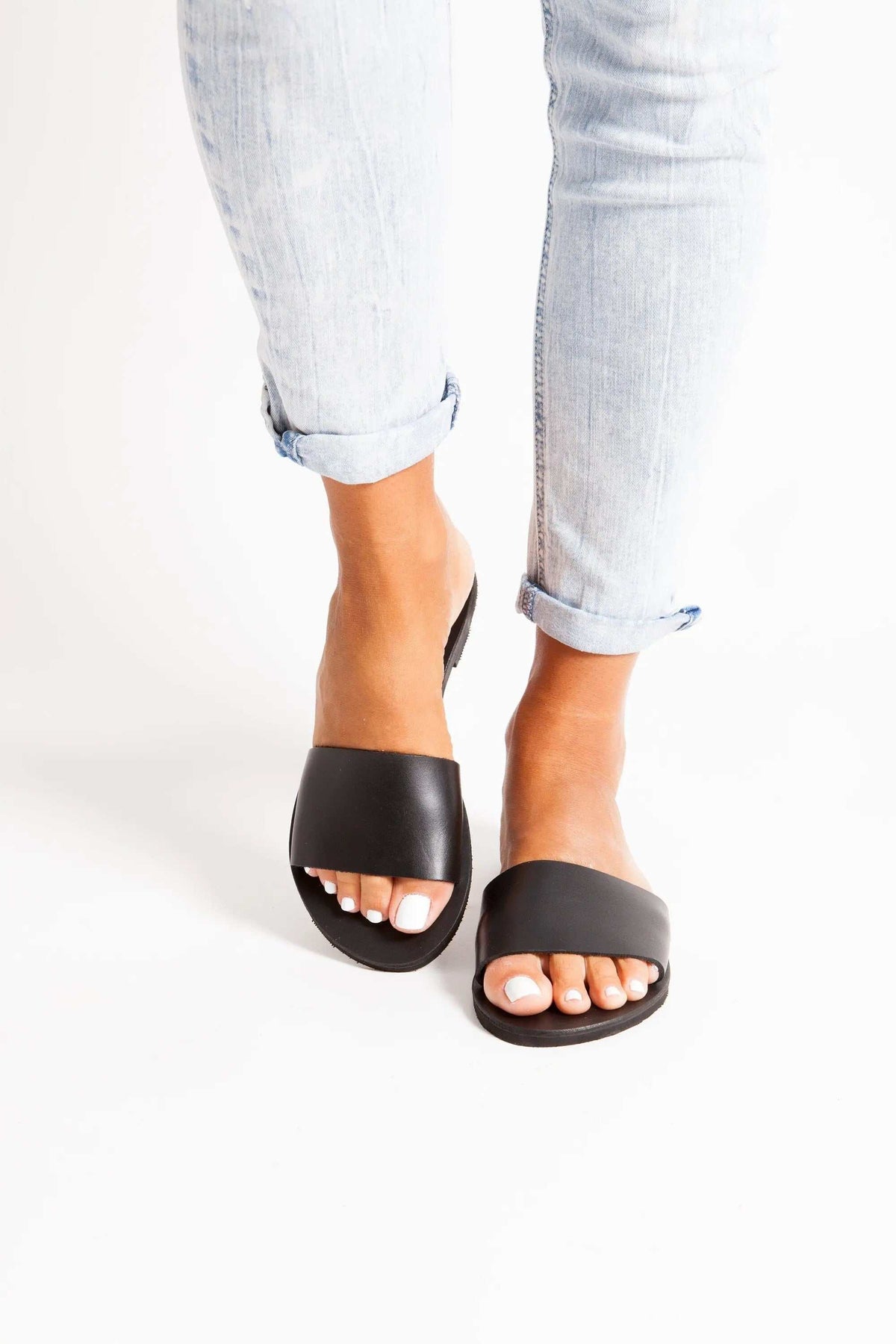 PAROS Handmade Greek Sandals in black leather with wide straps, open toes and flat soles