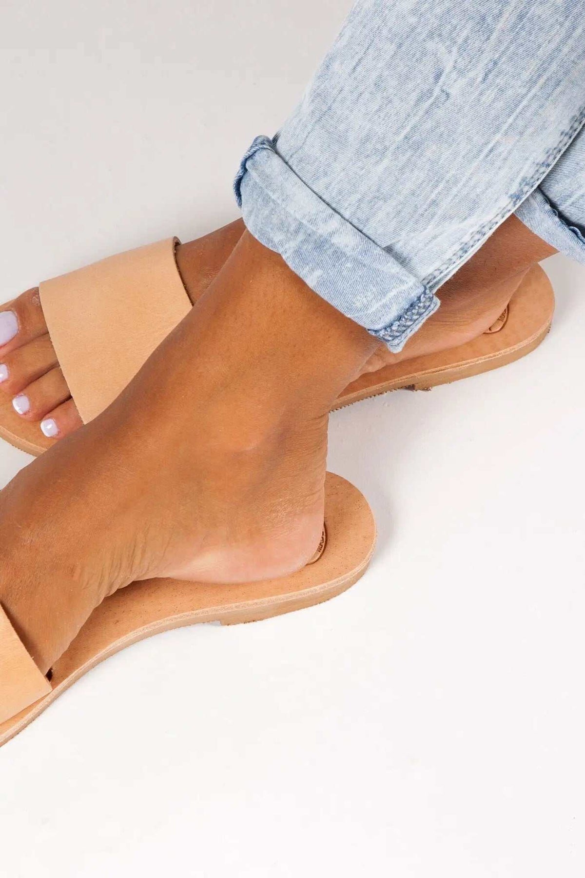 PAROS Handmade Greek Sandals with tan leather wide straps, flat natural leather insoles and slim soles