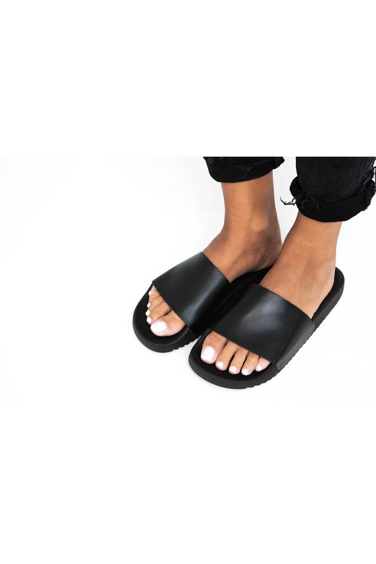 POSEIDON Handmade Greek Sandals in black leather with broad straps and flat, textured rubber soles
