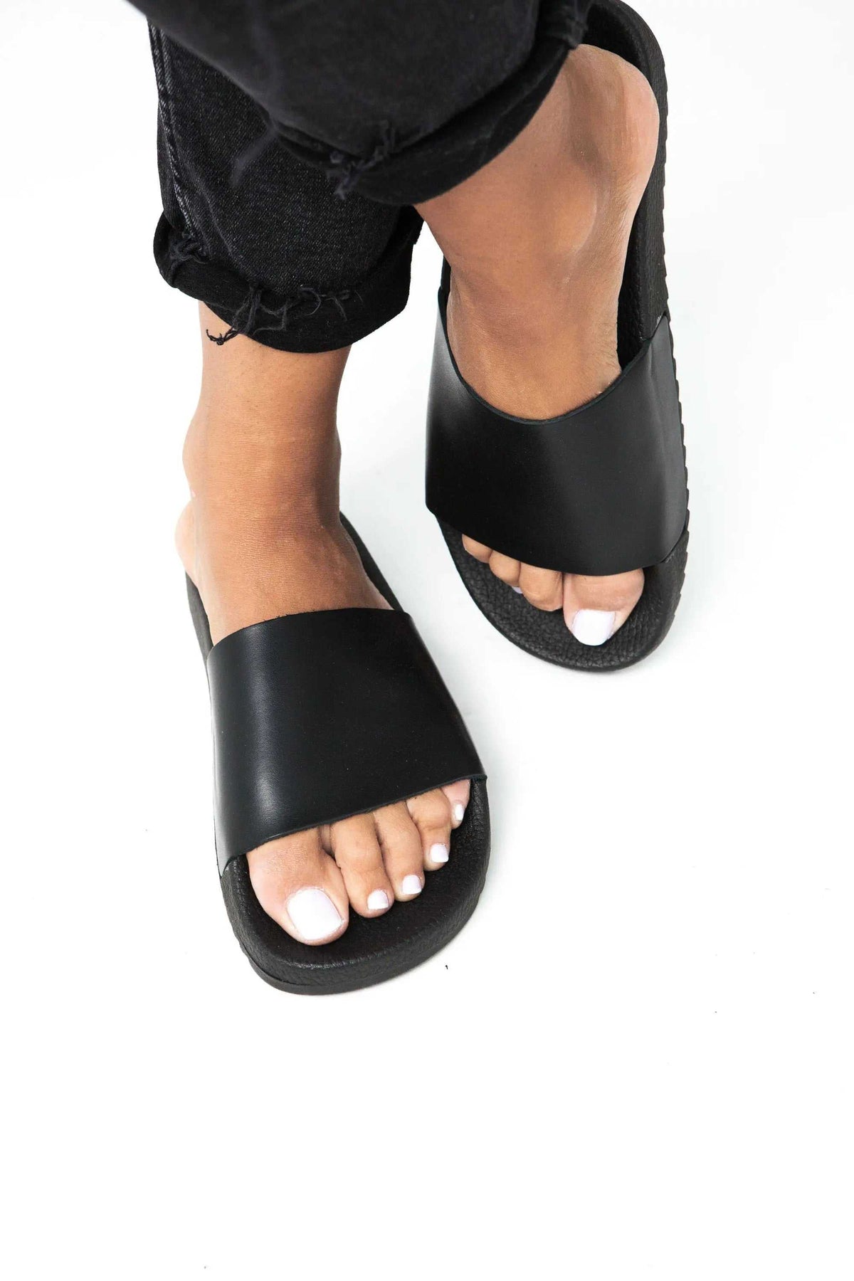 POSEIDON Handmade Greek Sandals in black leather with wide straps and textured rubber anti-slip soles