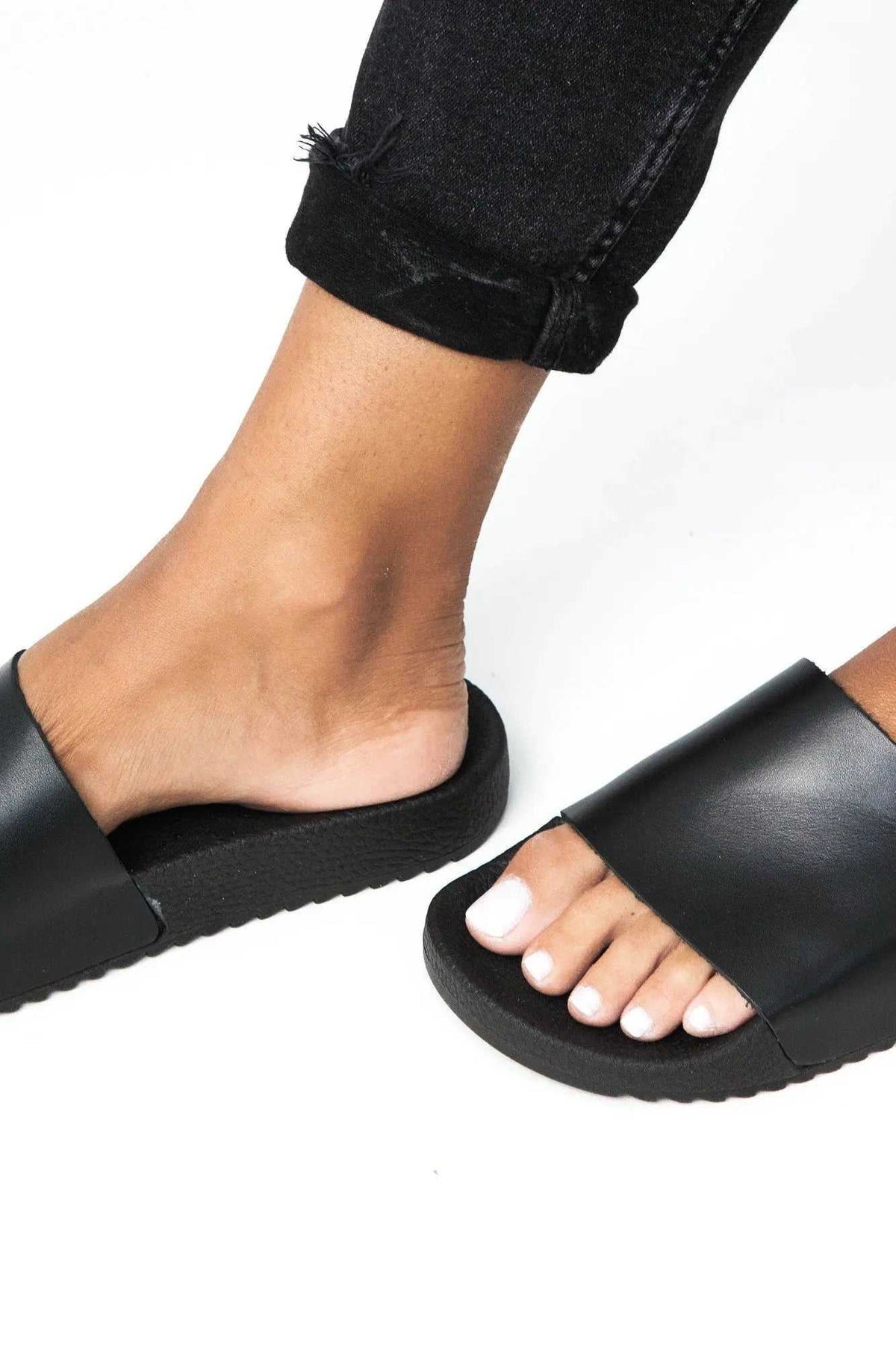 POSEIDON Handmade Greek Sandals in black leather with wide straps and textured anti-slip rubber soles