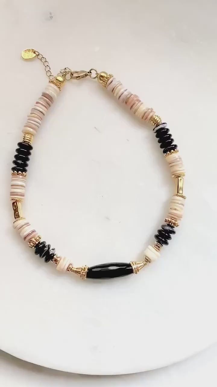 Heishi Necklace Shell Black Onyx Necklace Statement Boho Necklace Surfer Choker Onyx Stone Necklace