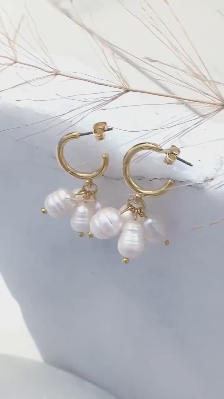 Pearl gold huggie hoop earrings