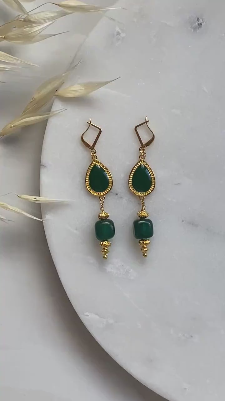 ROXANI Emerald Green and gold Boho earrings with jade stones