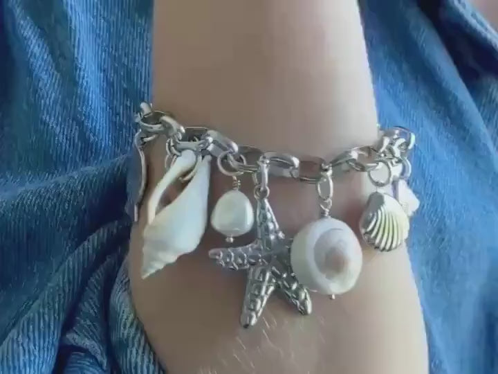 Chunky Silver chain Bracelet with sea shell charms