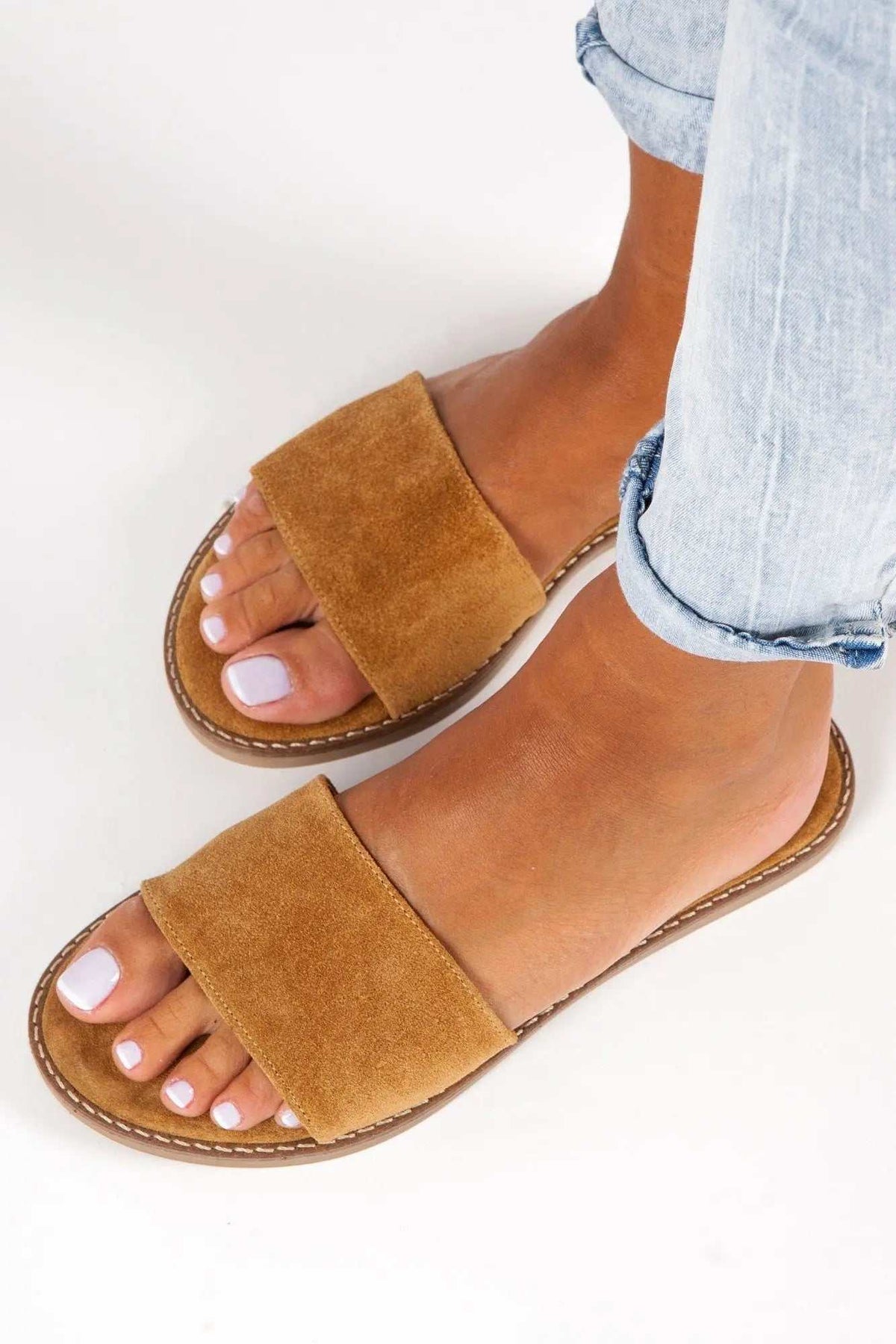 RHODOS Handmade Greek Sandals in mustard suede leather with wide straps, cushioned insoles and rubber outsoles