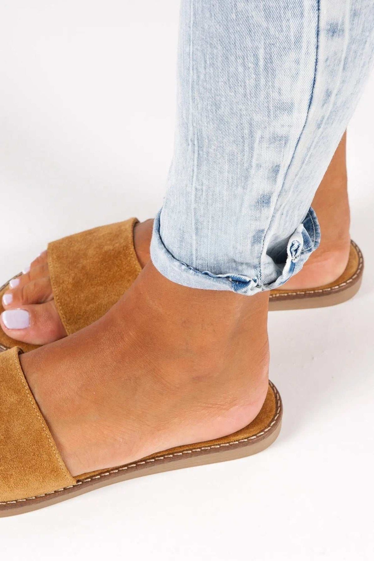 RHODOS Handmade Greek Sandals in mustard suede leather with broad slide straps and cushioned flat soles