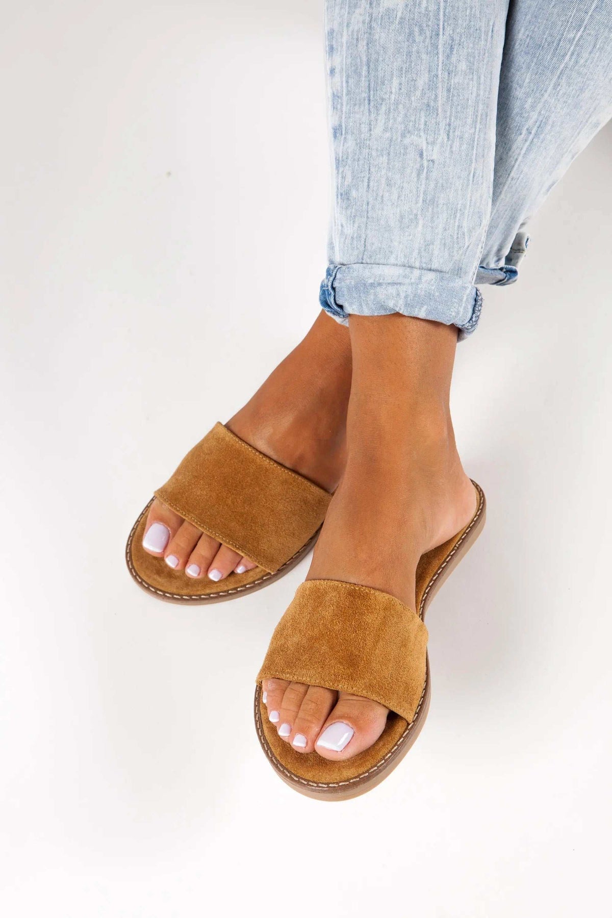 RHODOS Handmade Greek Sandals in mustard suede leather with wide slide straps and cushioned rubber soles
