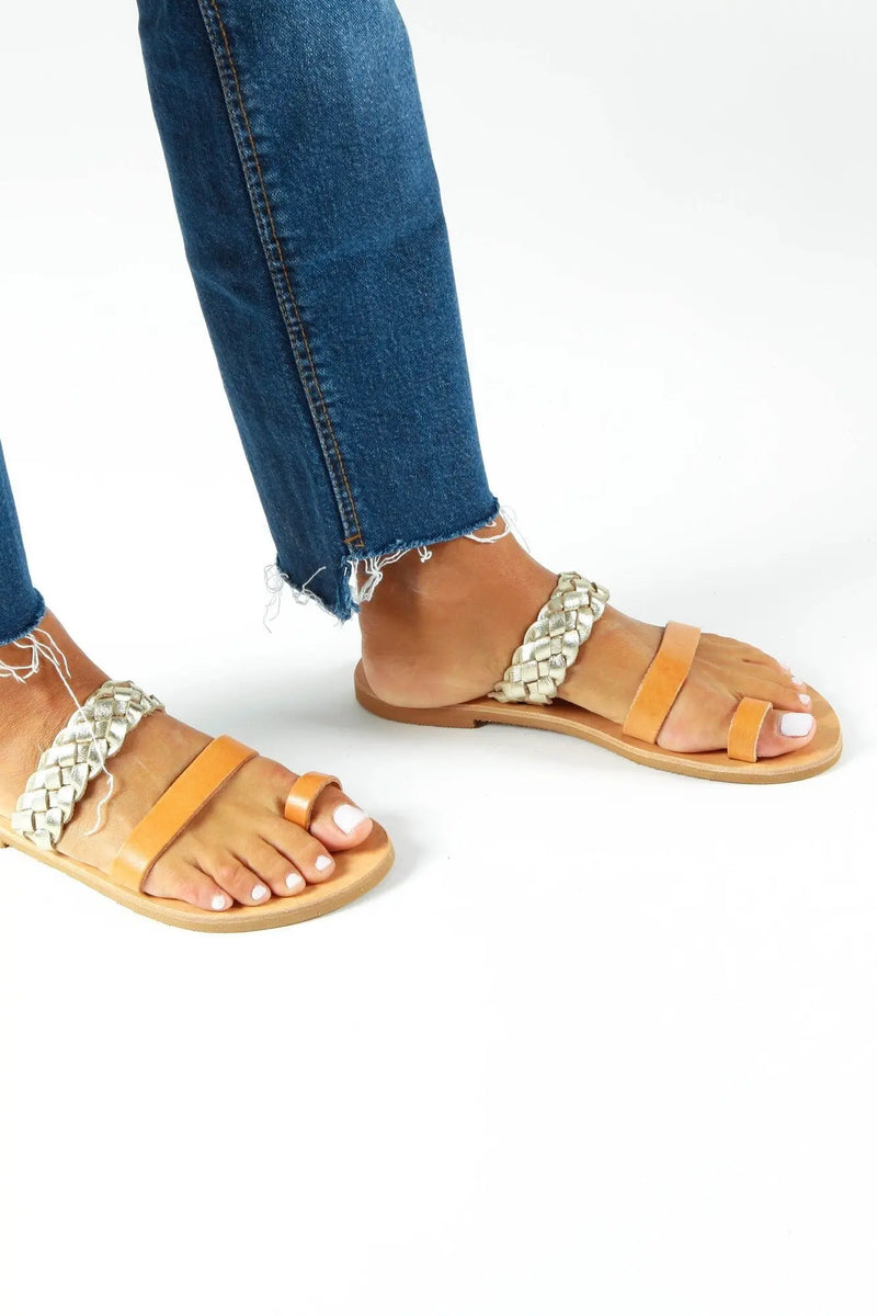 SEMELI, Gold Greek Sandals, Leather Braided Sandals, Summer Boho Shoes, Toe Ring Sandals, Griechische Sandalen