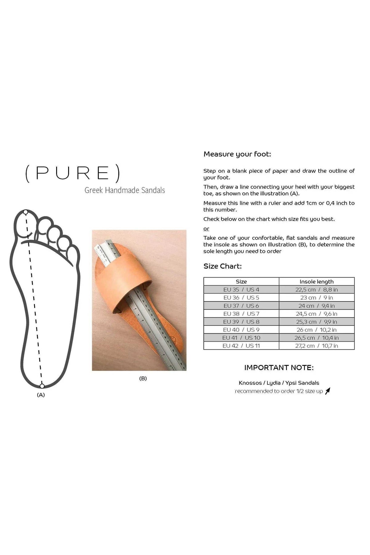 SERIFOS Handmade Greek Sandals sizing guide with foot outline and leather strap measurement illustration