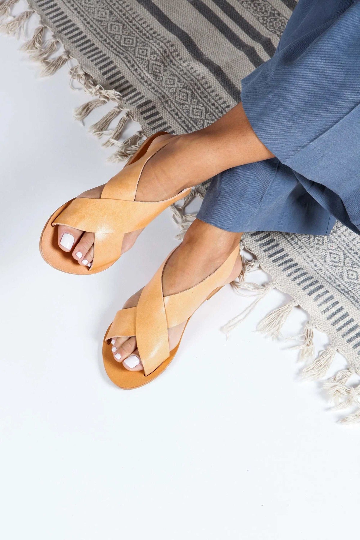SERIFOS Handmade Greek Sandals in natural tan leather with X-cross straps and open toes