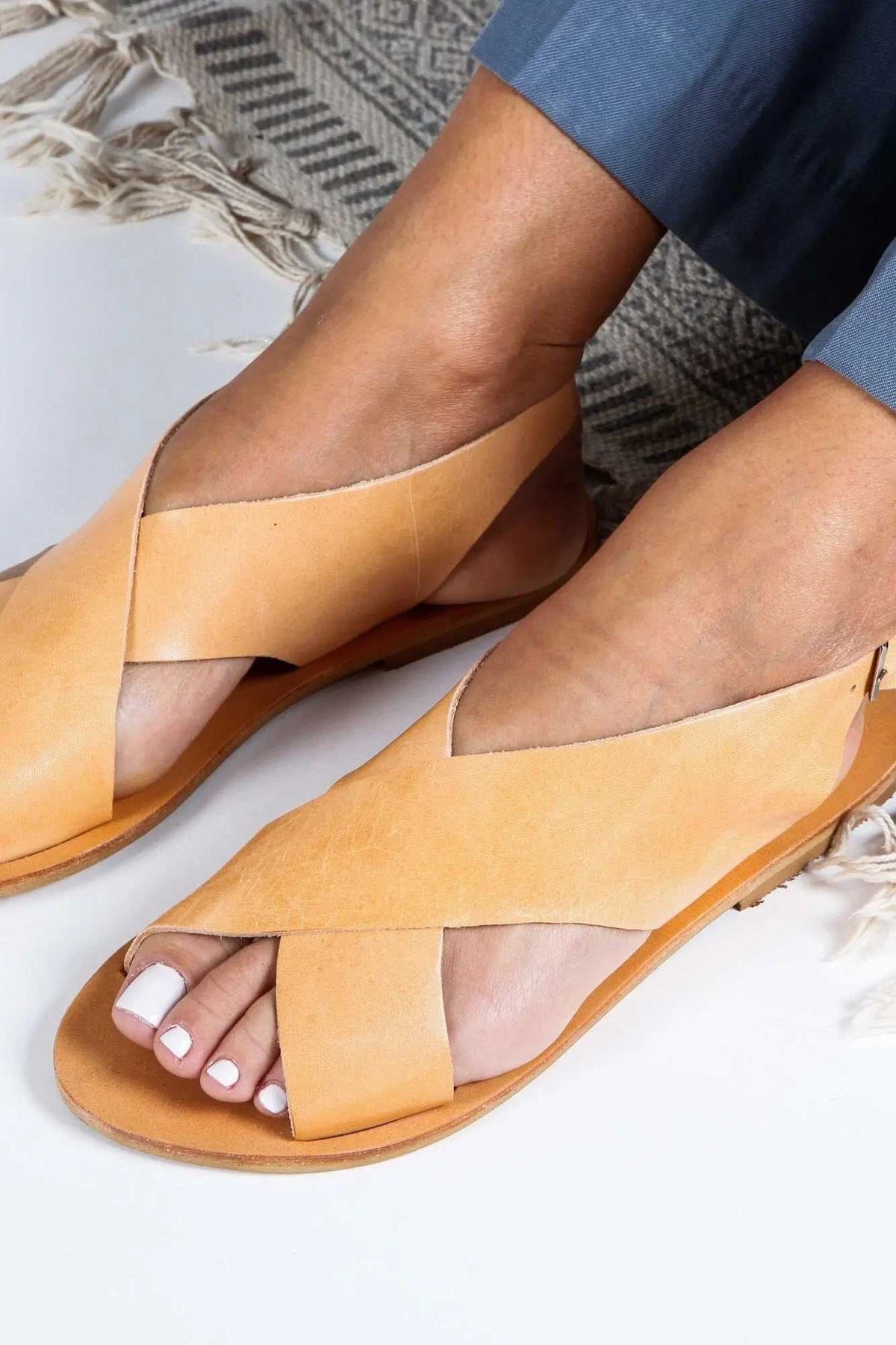 SERIFOS Handmade Greek Sandals in natural tan leather with wide X-cross straps and open toes
