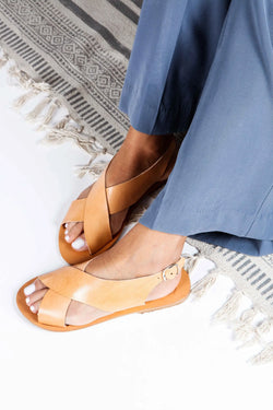 SERIFOS Natural,  Greek Sandals, Women Leather Flat Sandals, Sandales Grecques plates en cuir, Sandalias Griegas
