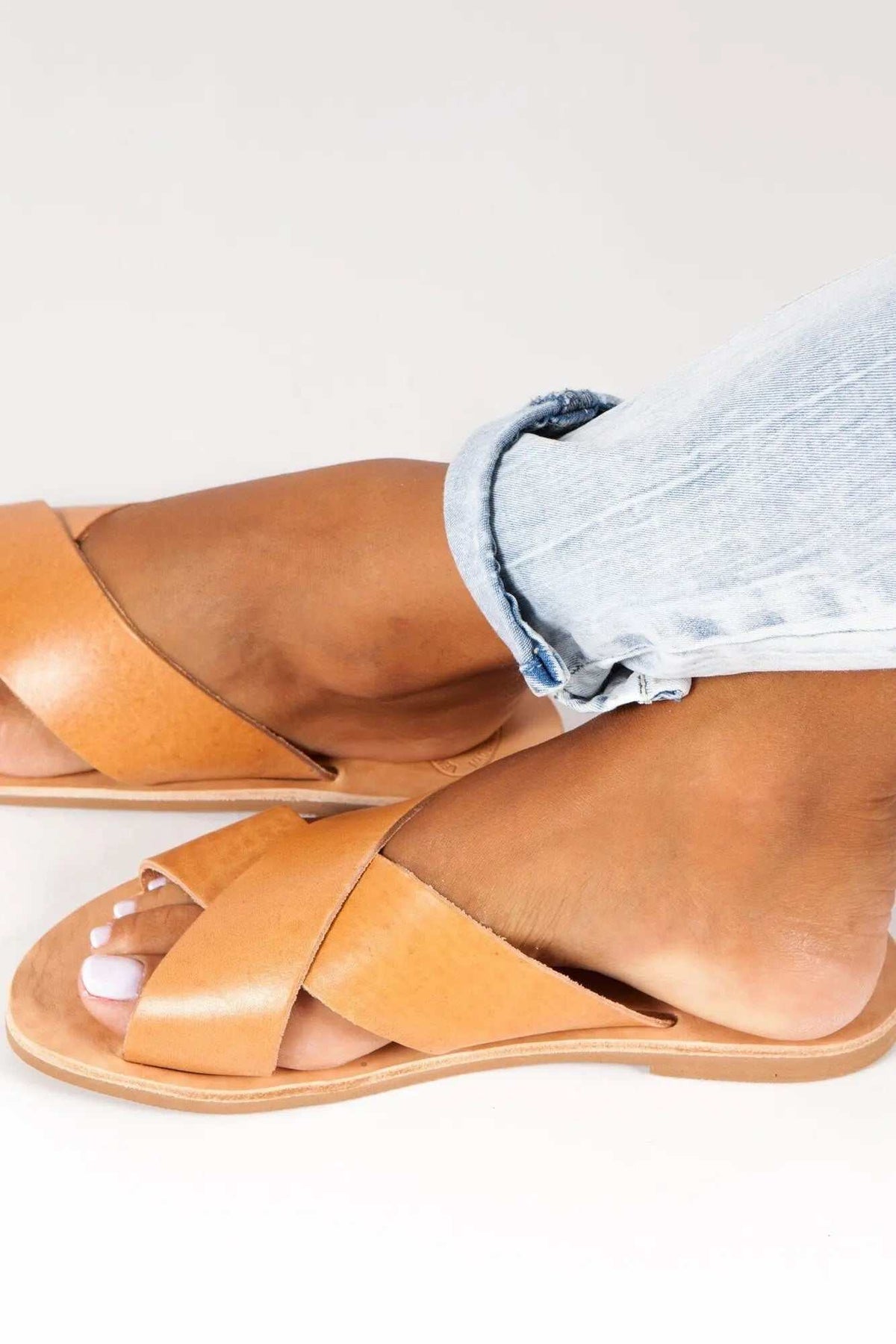 SIFNOS Handmade Greek Sandals in natural brown leather with wide crossed straps and flat rubber soles
