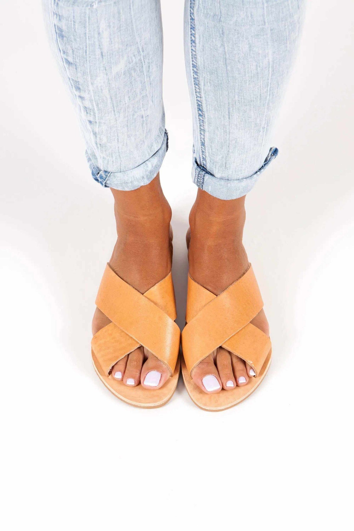 SIFNOS Handmade Greek Sandals in tan leather with wide crossed straps and open toes