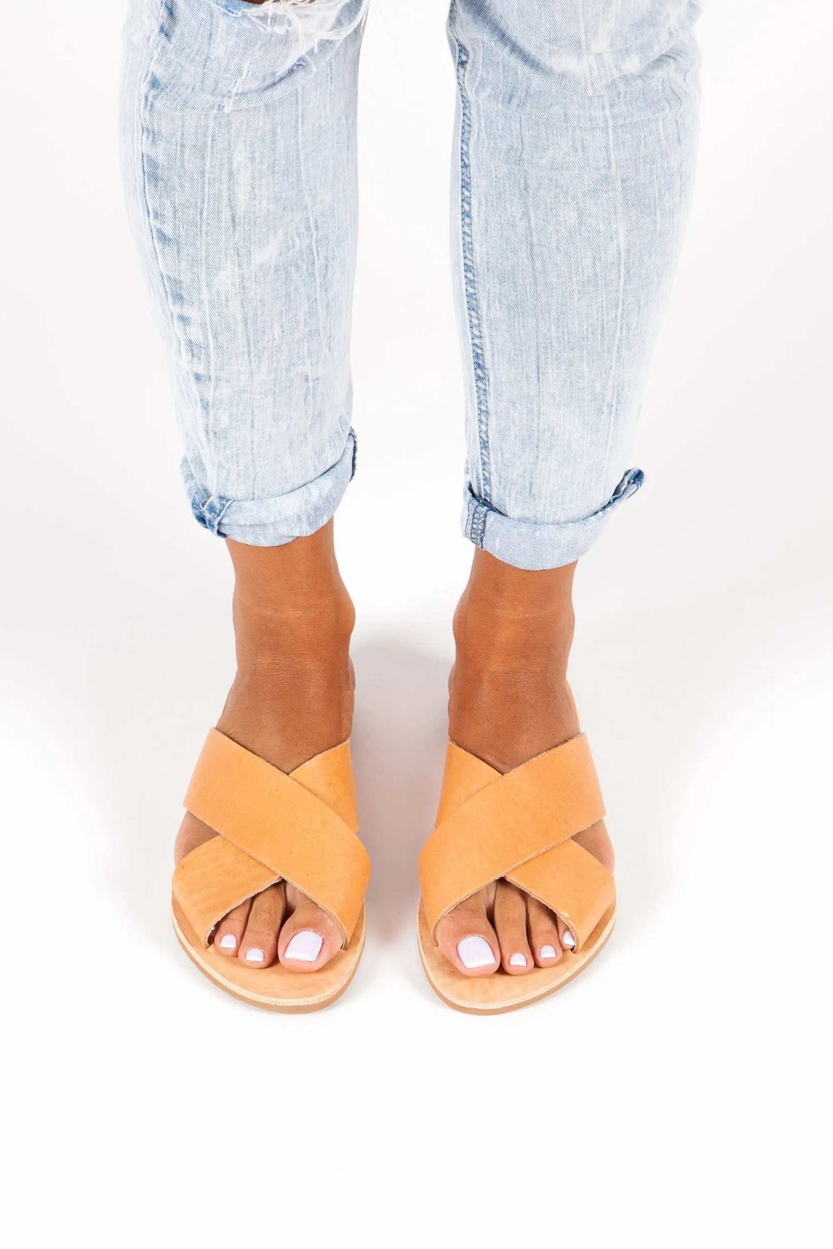 SIFNOS Handmade Greek Sandals in natural tan leather with wide X-cross straps and open toes