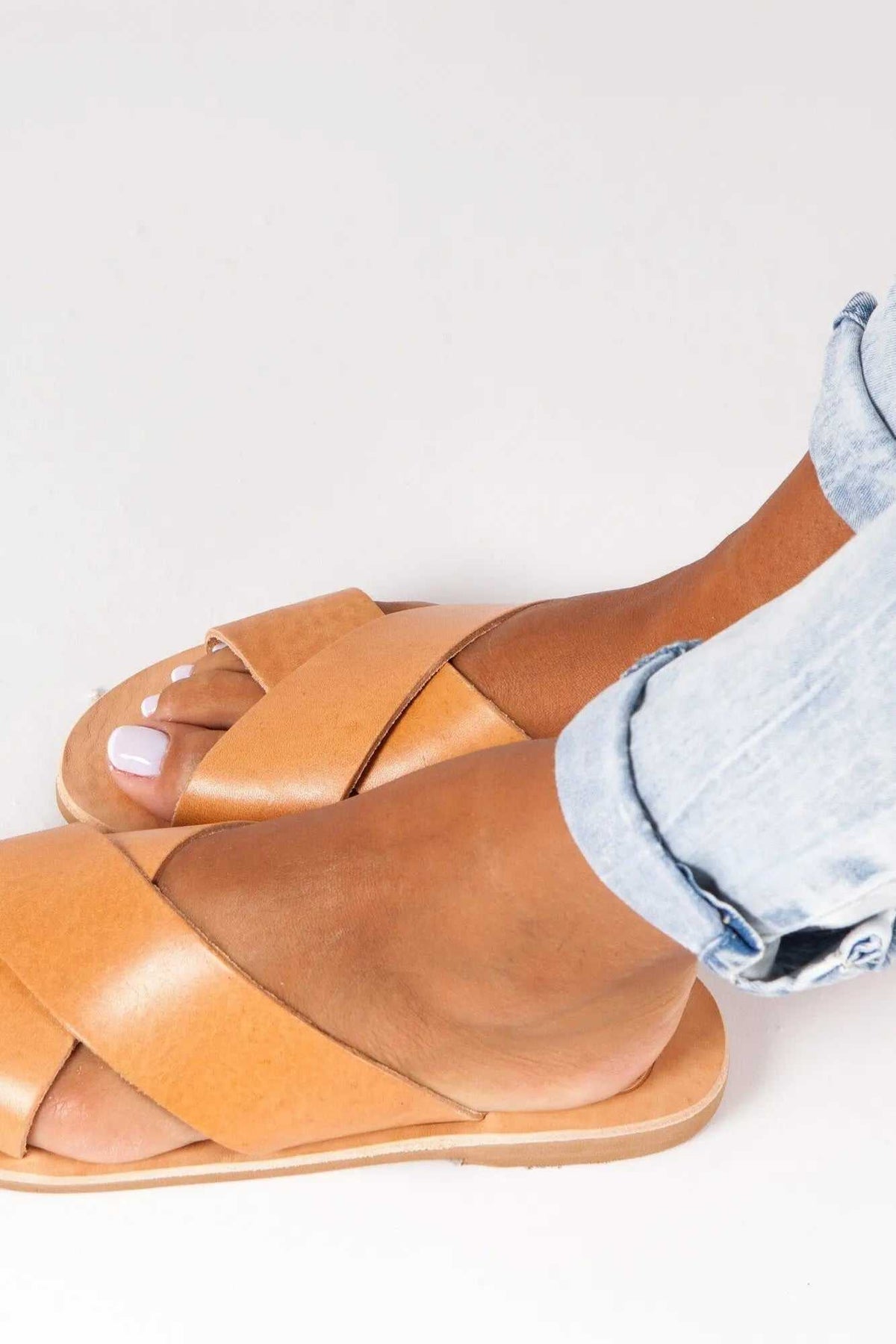 SIFNOS Handmade Greek Sandals in natural tan leather with wide X-cross straps and flat rubber soles