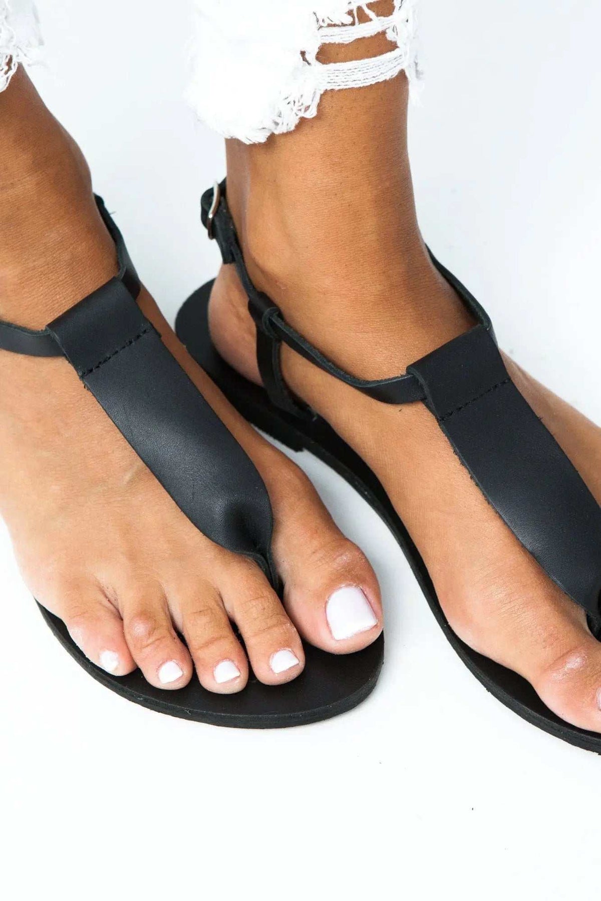 SPETSES Handmade Greek Sandals in black leather with wide toe straps, slim ankle straps and flat soles