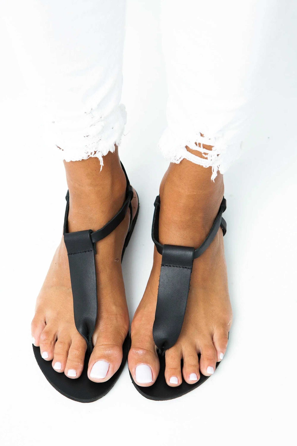 SPETSES Handmade Greek Sandals, black leather thong sandals with slim ankle straps and flat soles