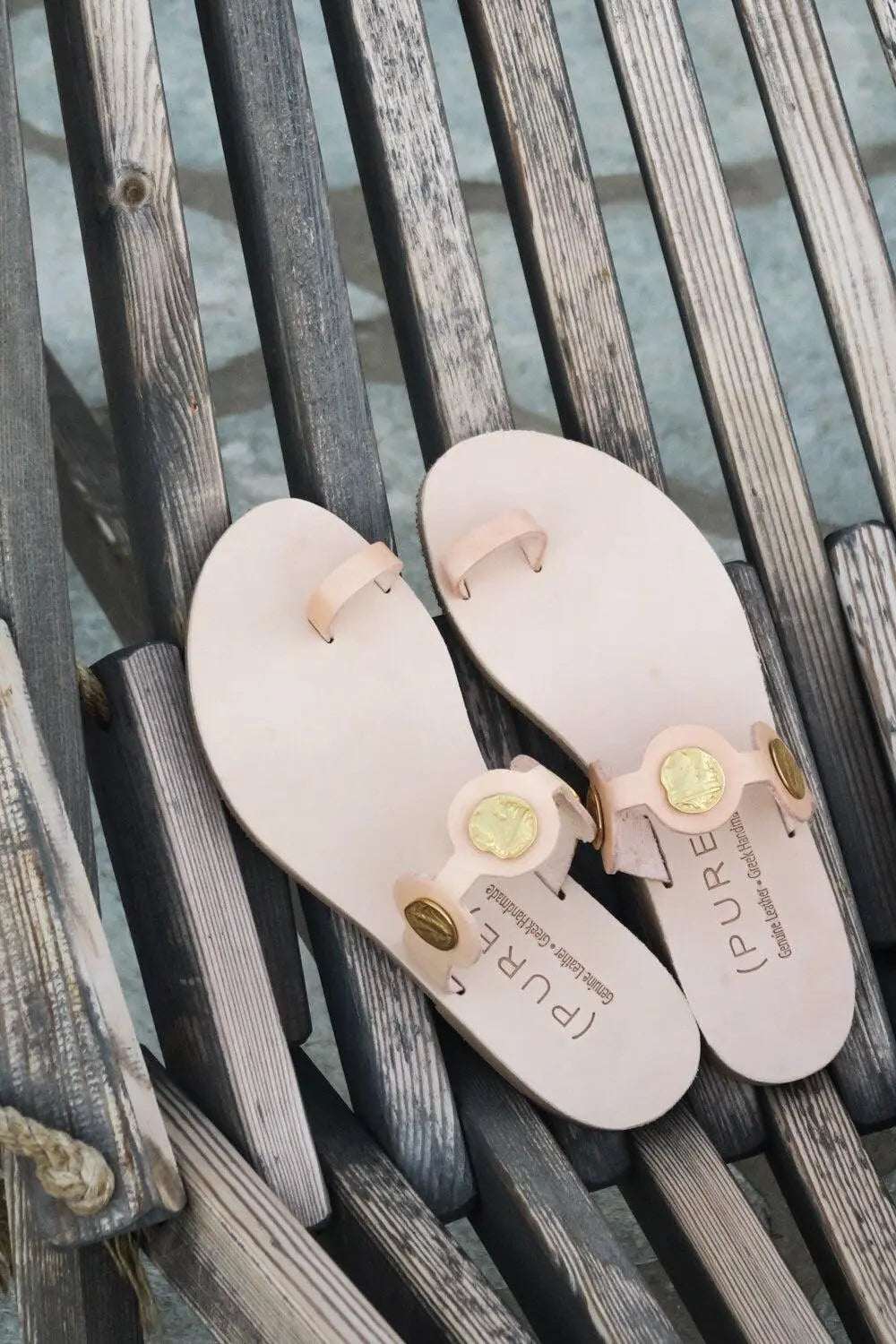 THEA Handmade Greek Sandals in natural leather with gold coin ornaments and minimalist thong straps