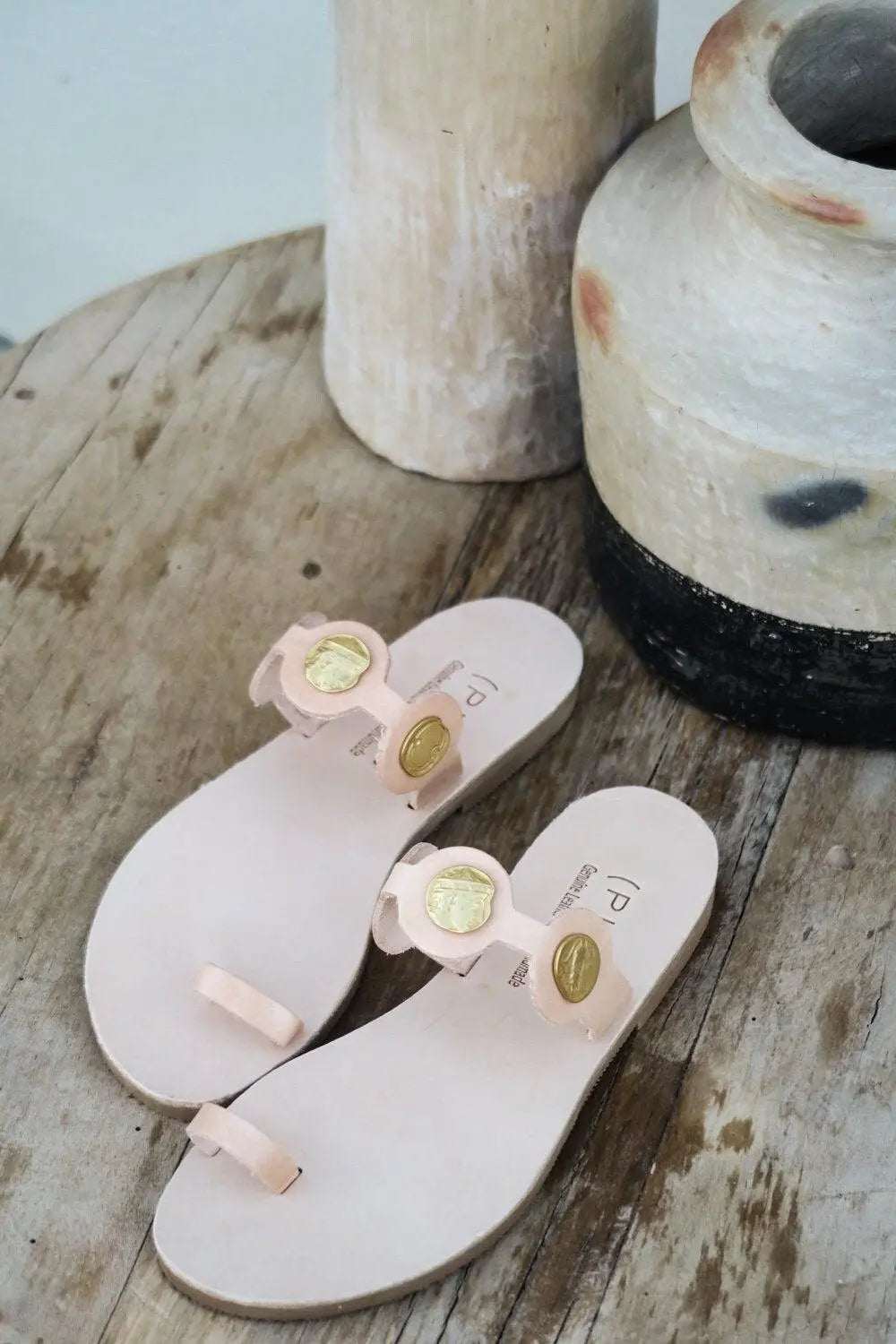 THEA Handmade Greek Sandals in pale pink leather with gold ornaments and thong straps