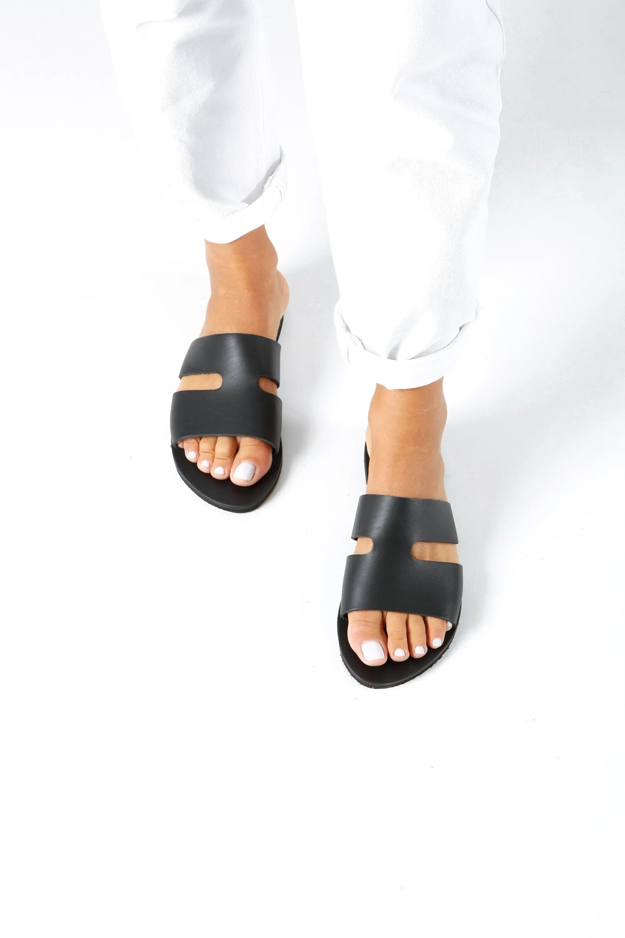 VOTSALO, Black Flat Sandals, Womens Greek Leather Sandals, Flat Slides Sandals, Handmade Summer Shoes