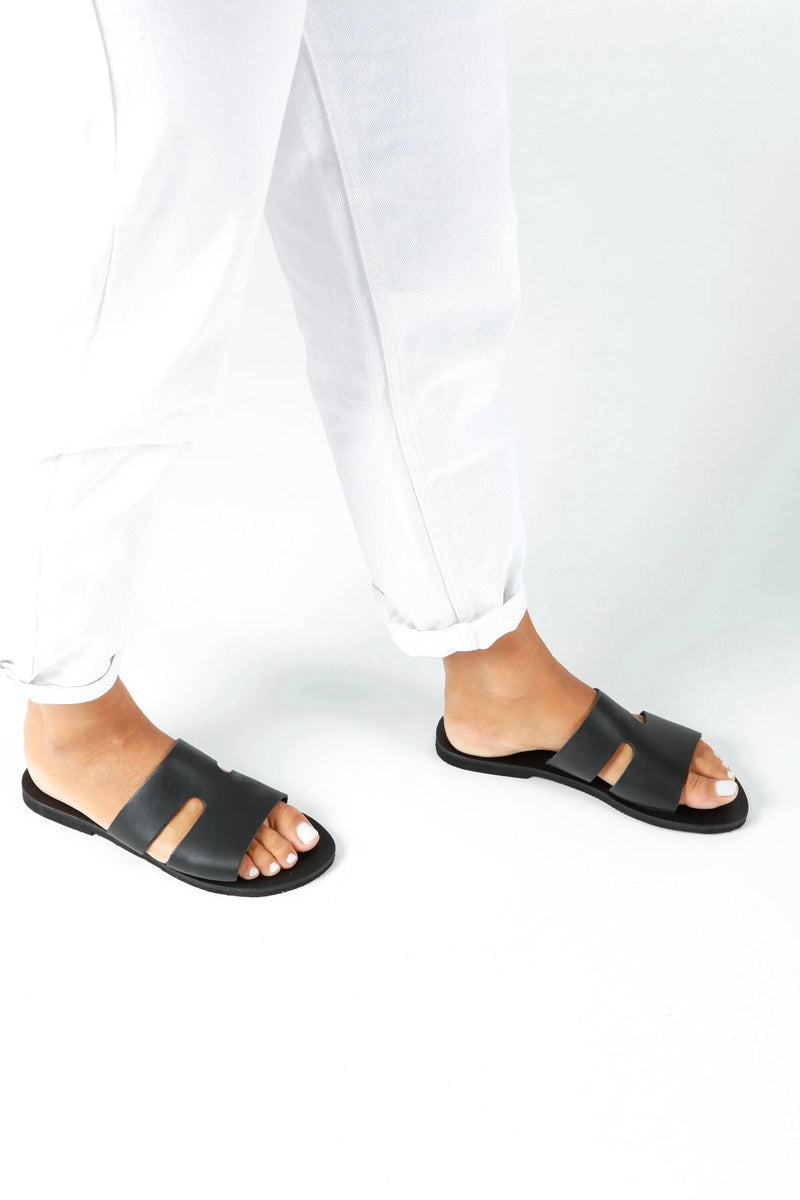 VOTSALO, Black Flat Sandals, Womens Greek Leather Sandals, Flat Slides Sandals, Handmade Summer Shoes