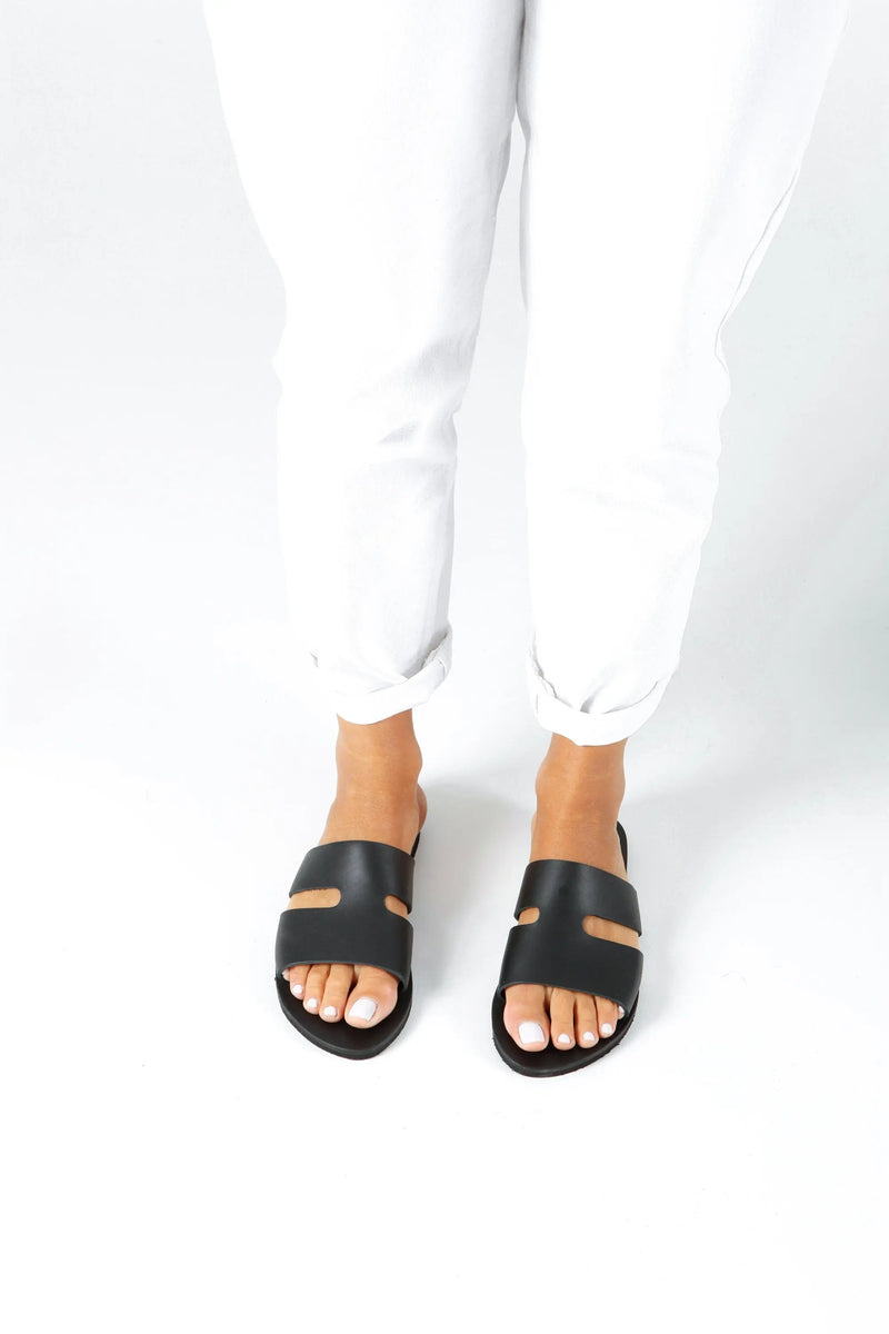VOTSALO, Black Flat Sandals, Womens Greek Leather Sandals, Flat Slides Sandals, Handmade Summer Shoes