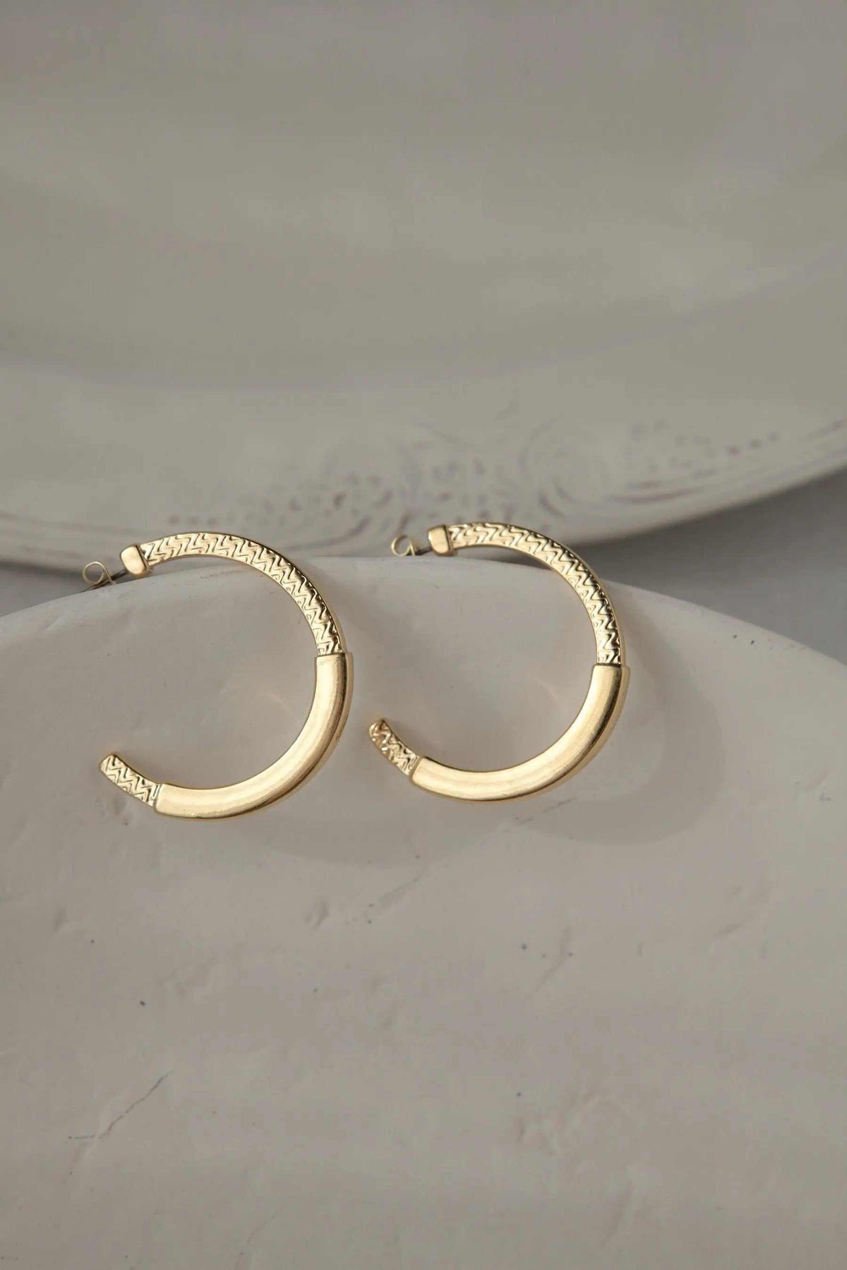 24 k gold filled hoops, gold-toned metal earrings with textured patterned upper sections