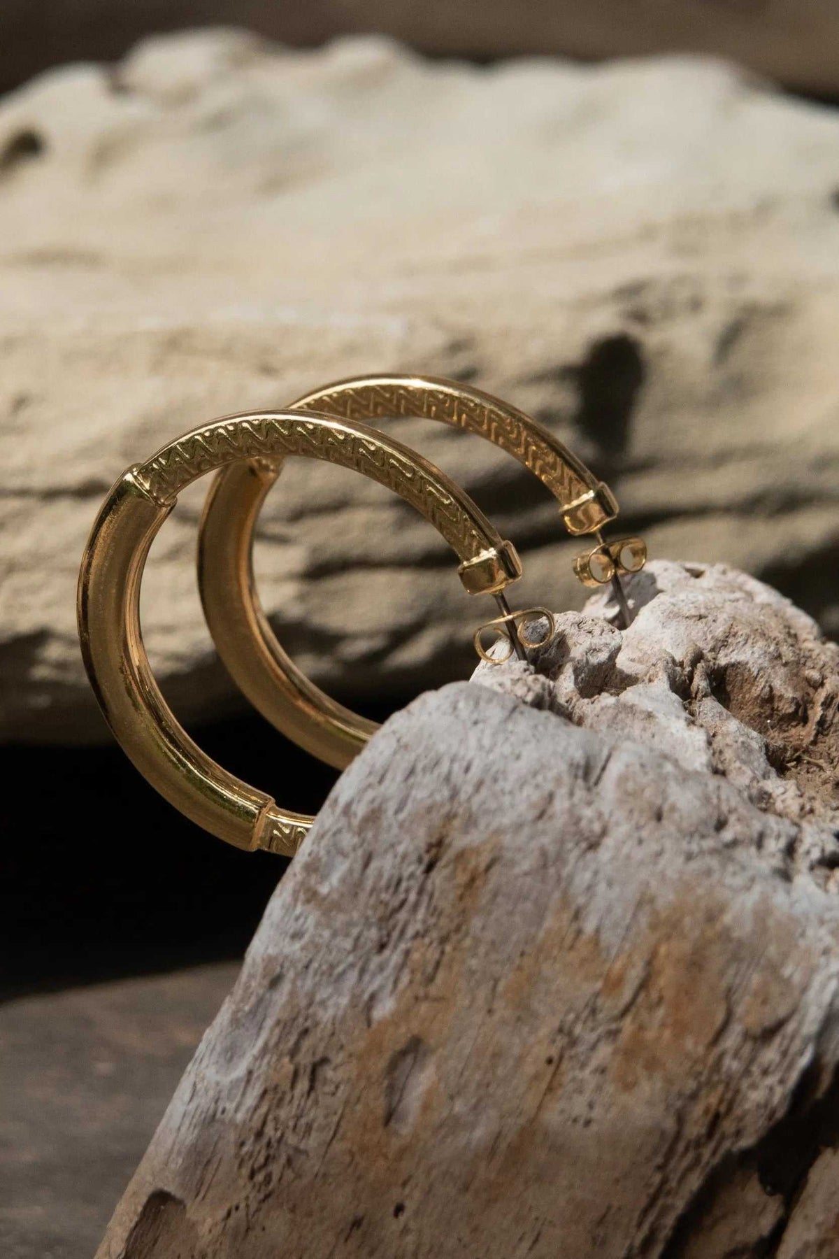 24 k gold filled hoops with textured tribal pattern and hinged clasps, shown as a matching pair
