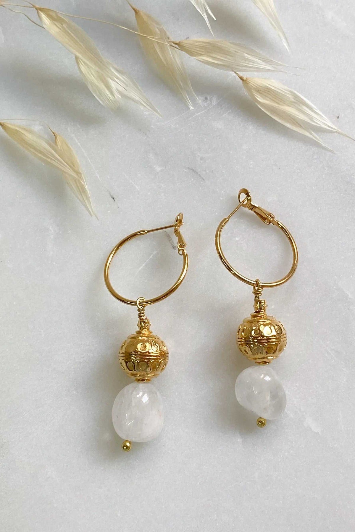 AGAPE EARRINGS with gold-tone hoop findings, ornate round gold beads and white translucent stone drops