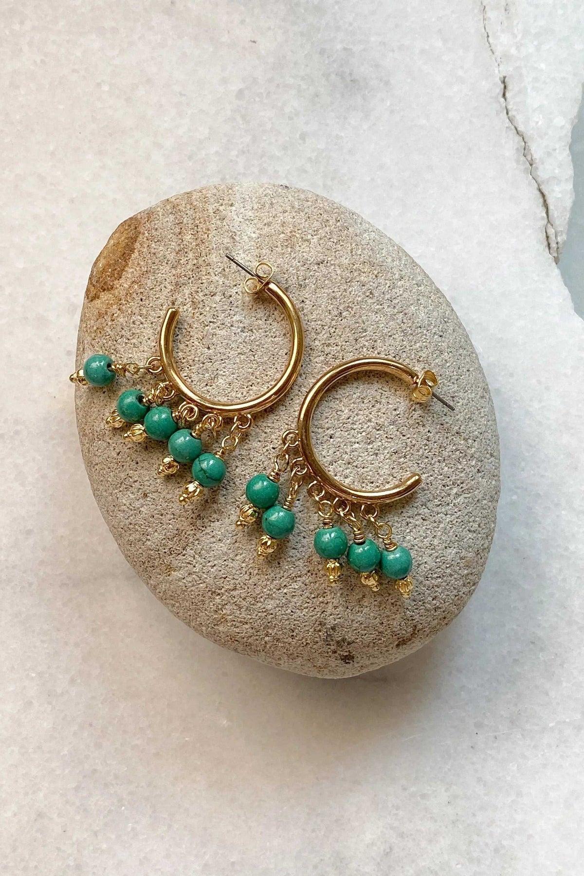 ALEX EARRINGS, gold-tone hoop earrings with turquoise beads, dangling charms, and textured boho detailing