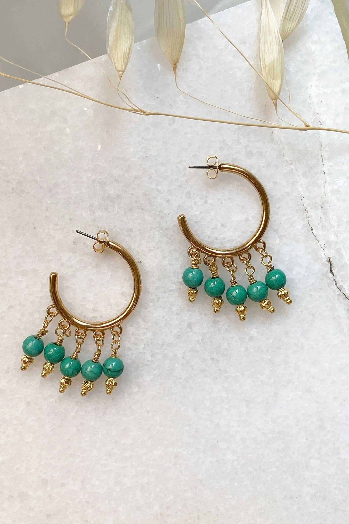 ALEX EARRINGS gold-plated brass hoop earrings with turquoise-green gemstone drops and dangling charms