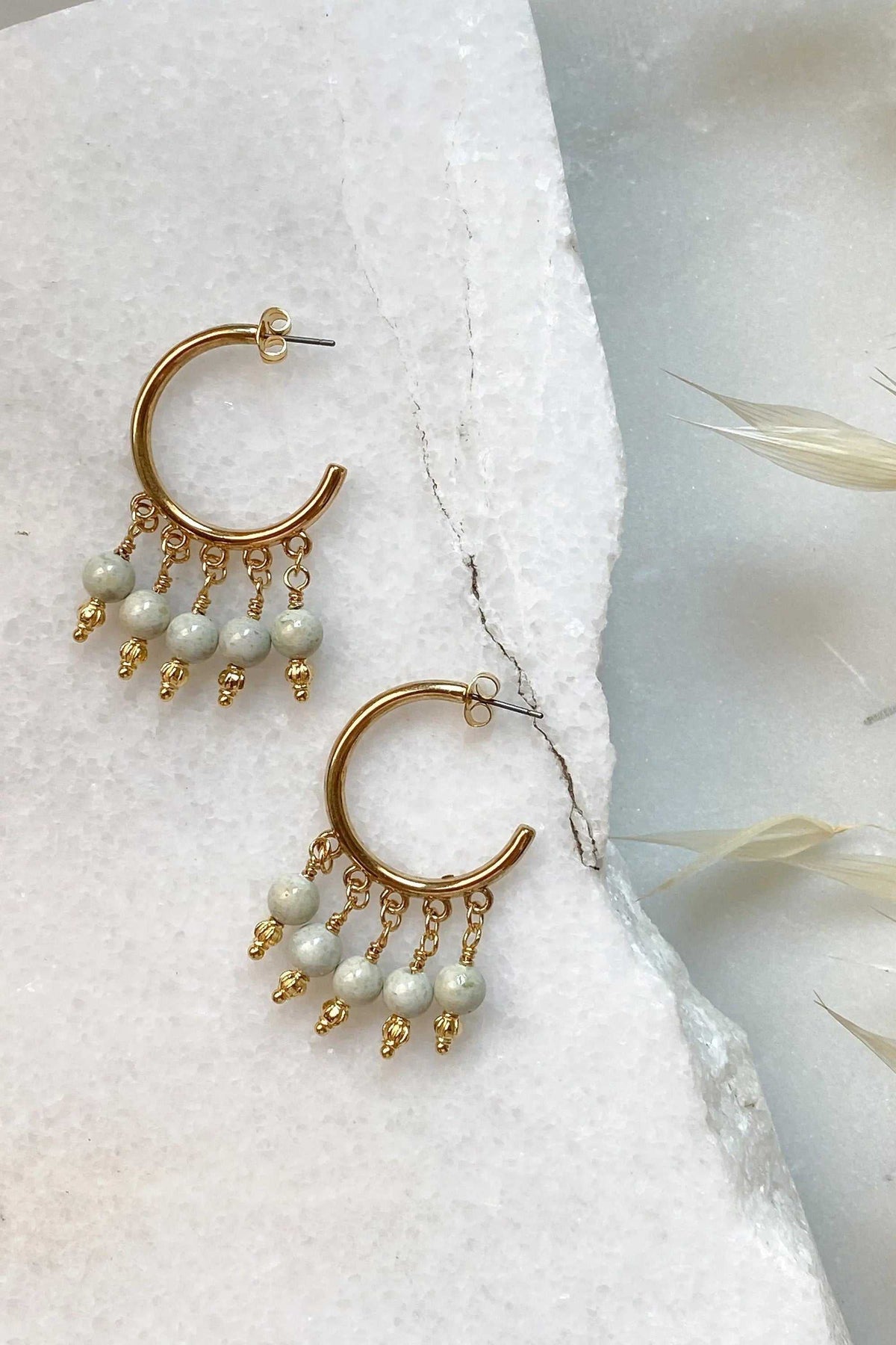 ALEX EARRINGS gold-plated brass hoop earrings with white beads, dangling charms and intricate boho details