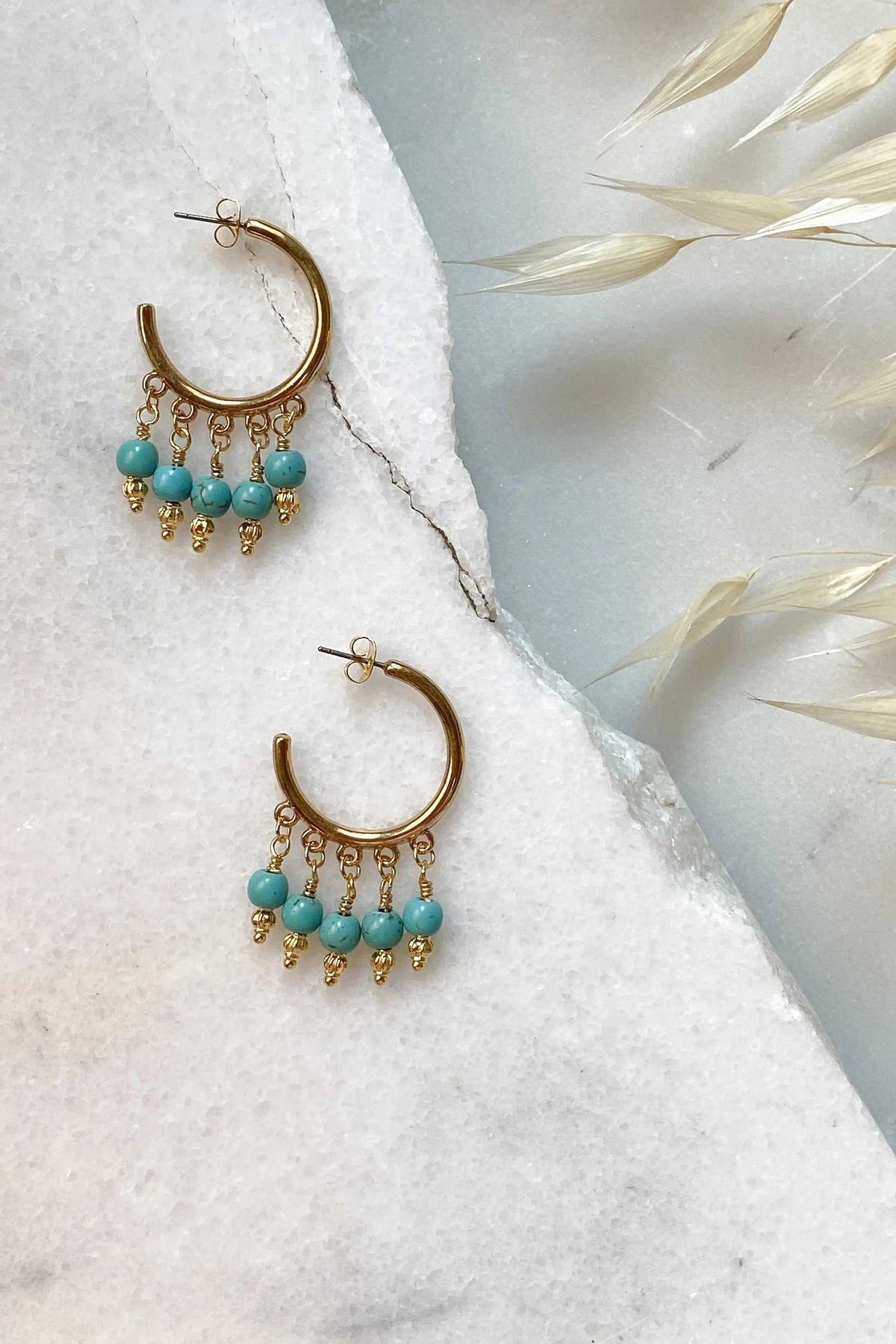 ALEX EARRINGS gold hoop earrings with turquoise beads, dangling charms, and textured boho detailing