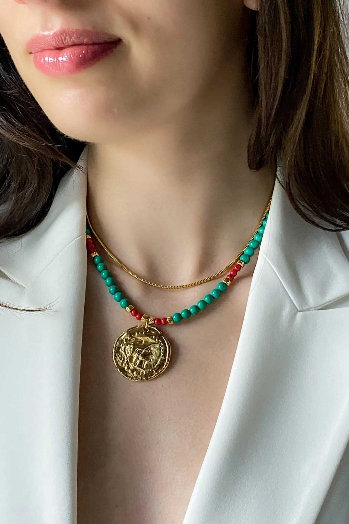 Ancient coin NECKLACE with gold coin pendant and green and red beaded strand
