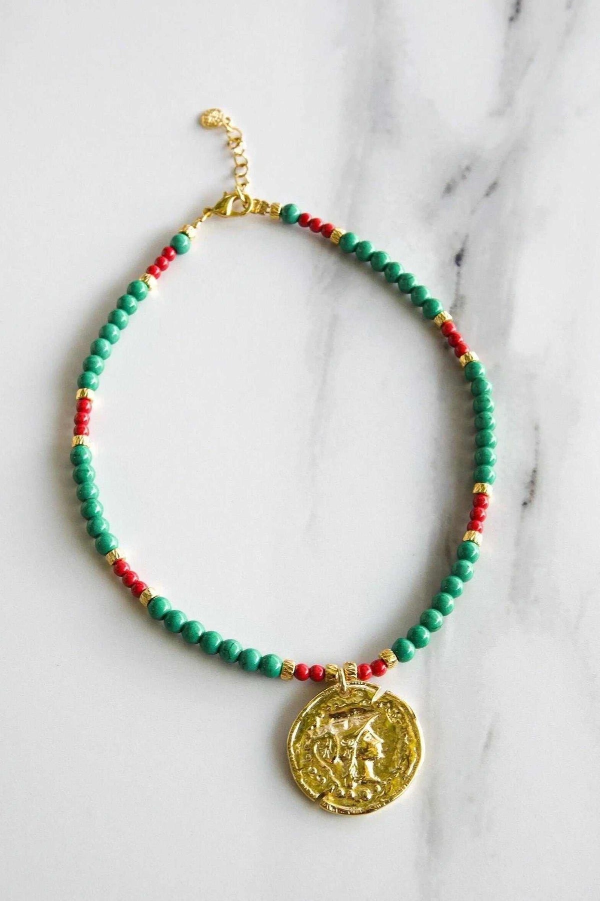 Ancient coin NECKLACE with green and red beaded strand and round gold-toned Athena coin pendant