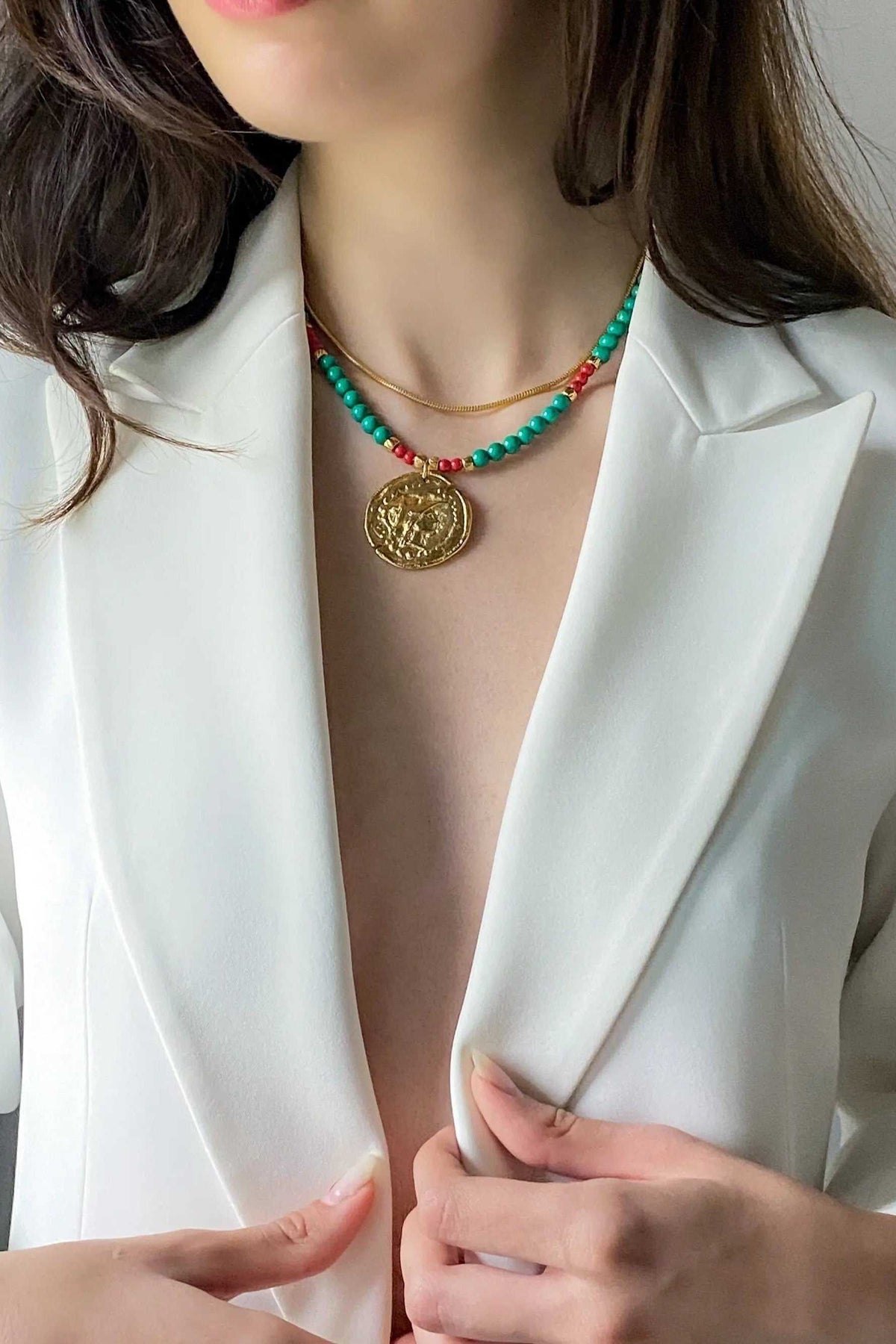 Ancient coin NECKLACE with green and red beaded strands and round gold-tone Athena coin pendant