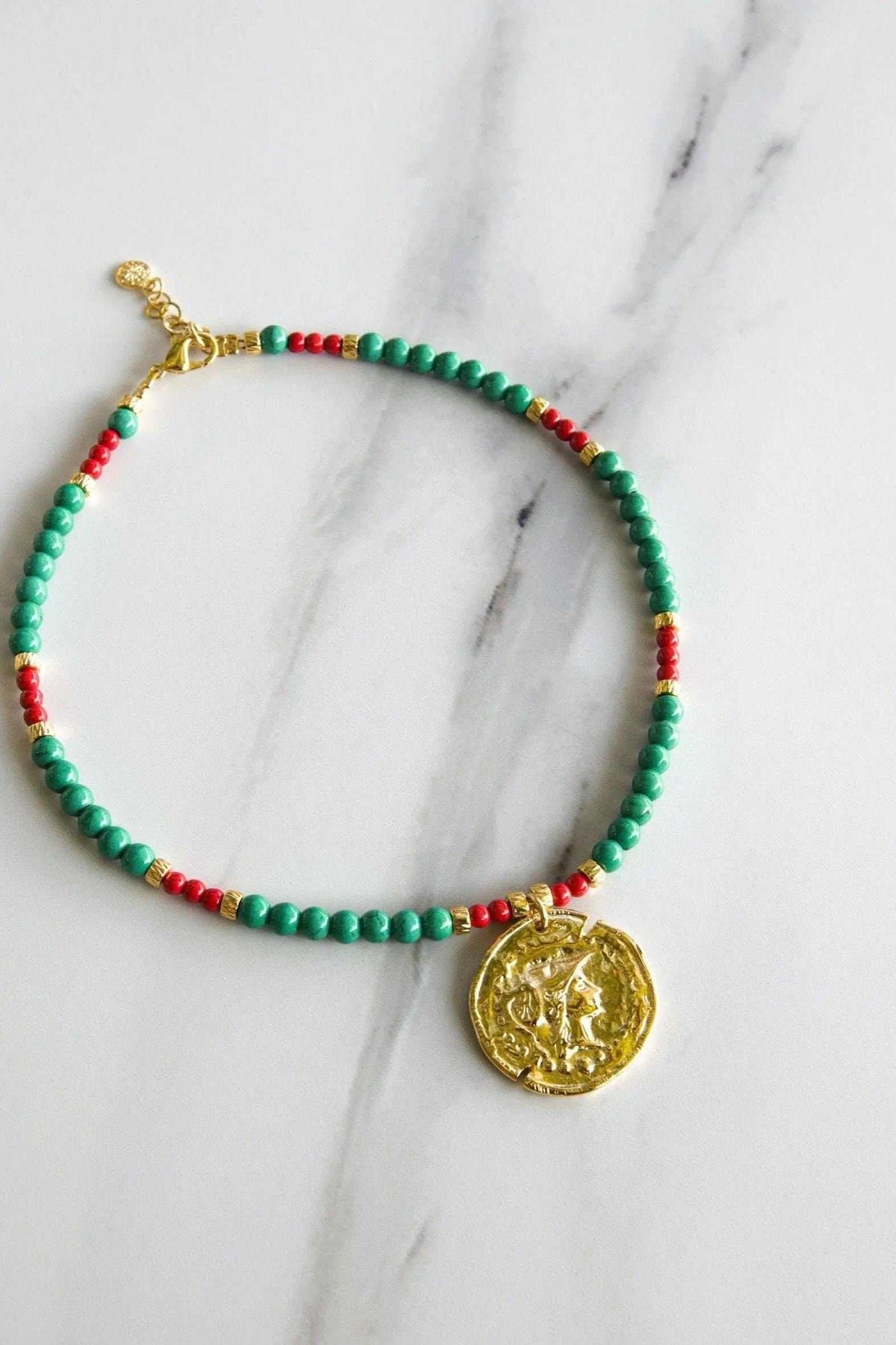 Ancient coin NECKLACE with green and red beads, gold-tone chain details, and a round embossed Athena coin pendant